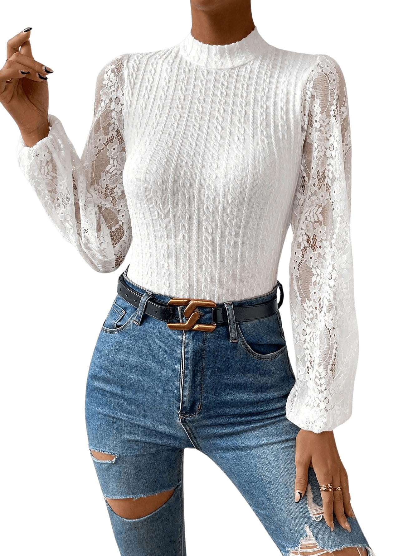 GORGLITTER Body de encaje para mujer, de manga larga, con cuello alto, blusa, body elegante, con encaje, Blanco, S