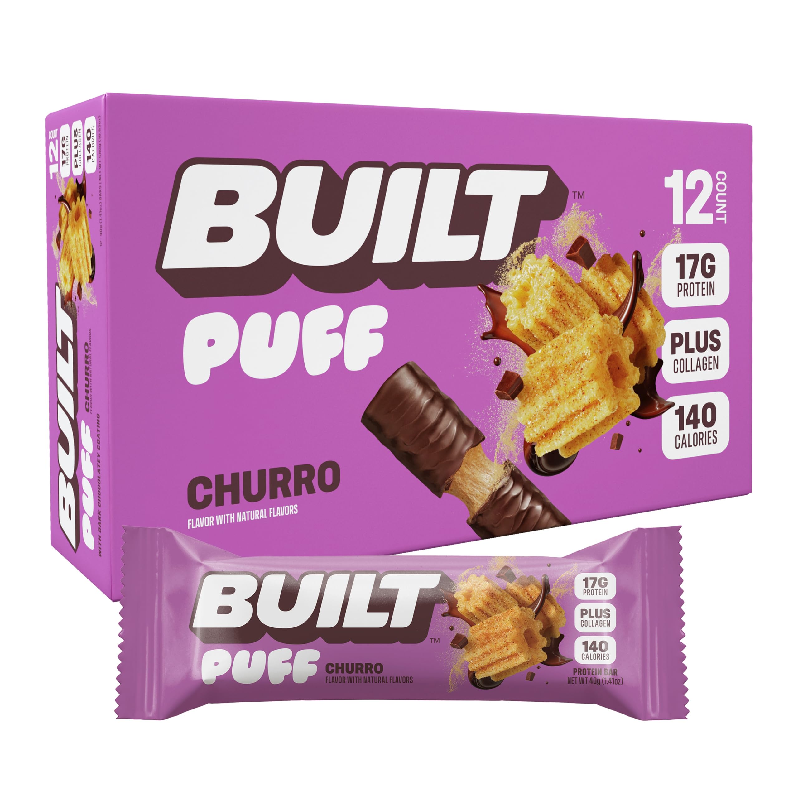 BUILT Puffs Protein Bars, Churro Puff - High Protein Bars, 17g High Protein Snacks, On-The-Go Bars with only 140 Calories & 6g Sugar, Collagen, Gluten Free, 12 Count