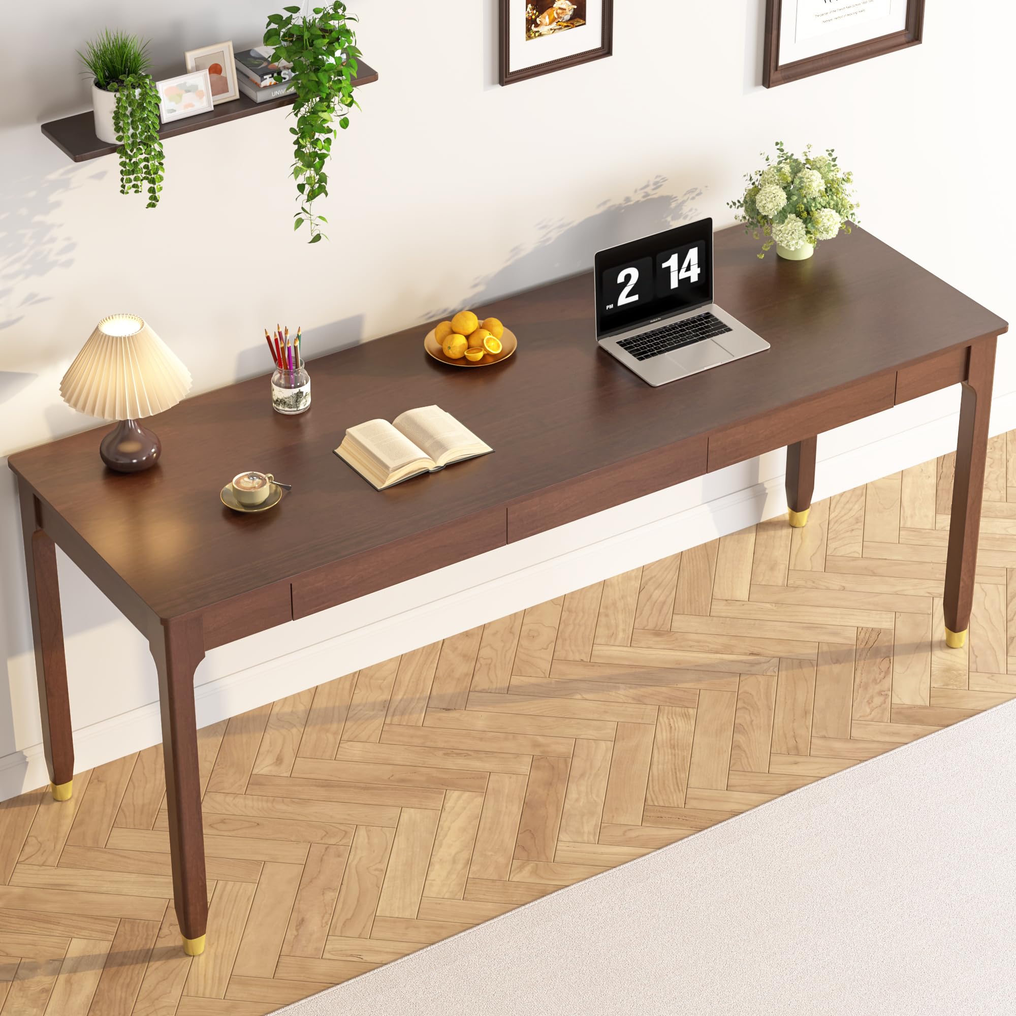Photo 1 of LuxeSand 100% Solid Wood Desk 63" Mid Century Modern Desk with 3 Drawers Large 2 Person Vintage Writing Desk Simple Wooden Table for Restaurants, Home, Offices