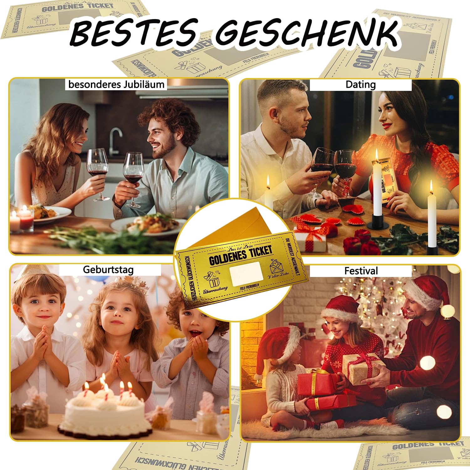 Pack of 6 Golden Ticket Scratch-Free Voucher Card Gift Voucher Travel Voucher to Fill Yourself Birthday Card Golden Ticket with Envelope Gift Idea for Girlfriend, Mum, Child - 5