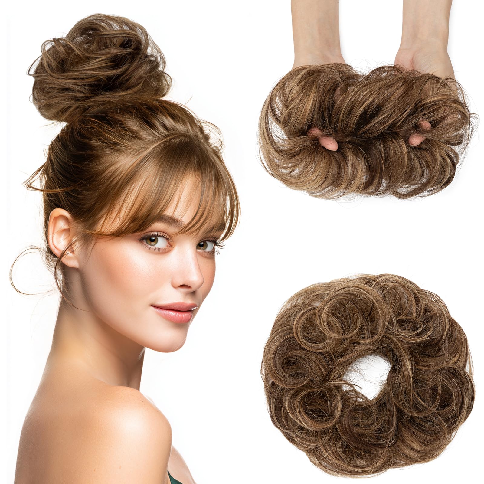 Elailite Messy Hair Buns Scrunchy Updo HairPiece Real Remy Human Hair Extensions Donut Chignons Curly Wavy Highlighted