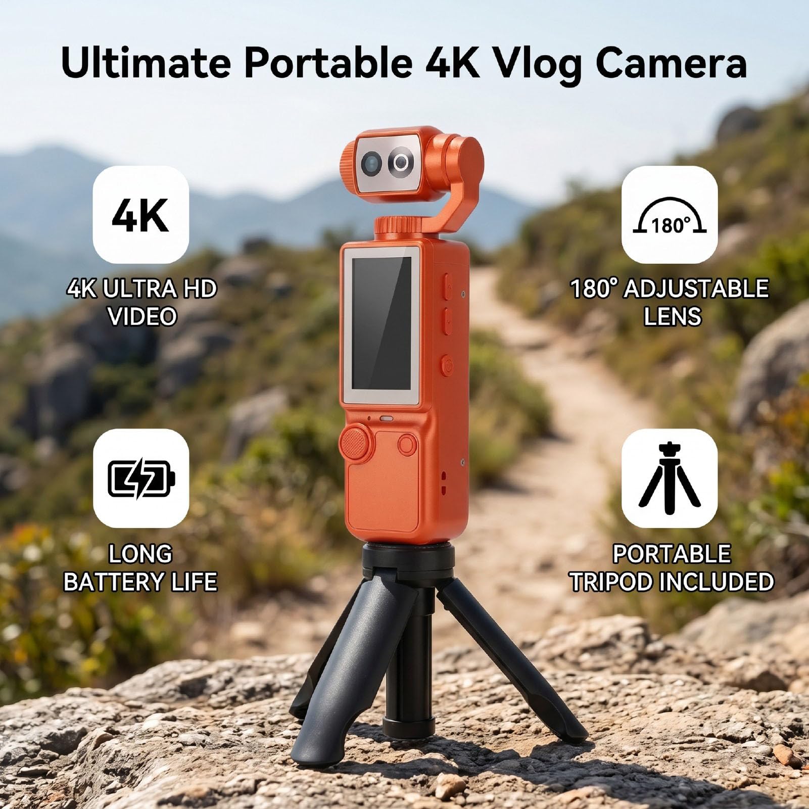 Videocamera Portatile, 4K Obiettivo Rotante 180°, Zoom 16x