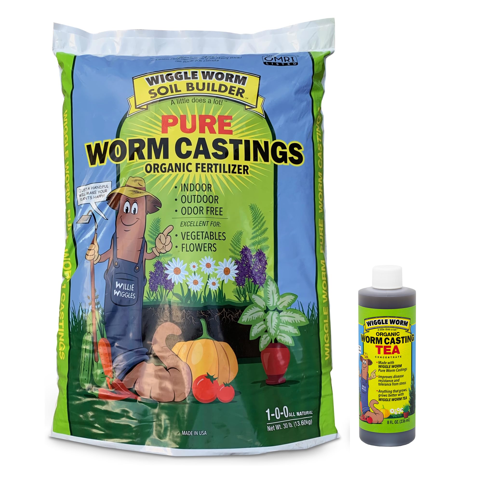 Fertilizer Combo Pack – 30lb Pure Worm Castings Fertilizer and Soil Amendment and 8oz Worm Casting Tea Concentrate for Indoor and Outdoor Gardening