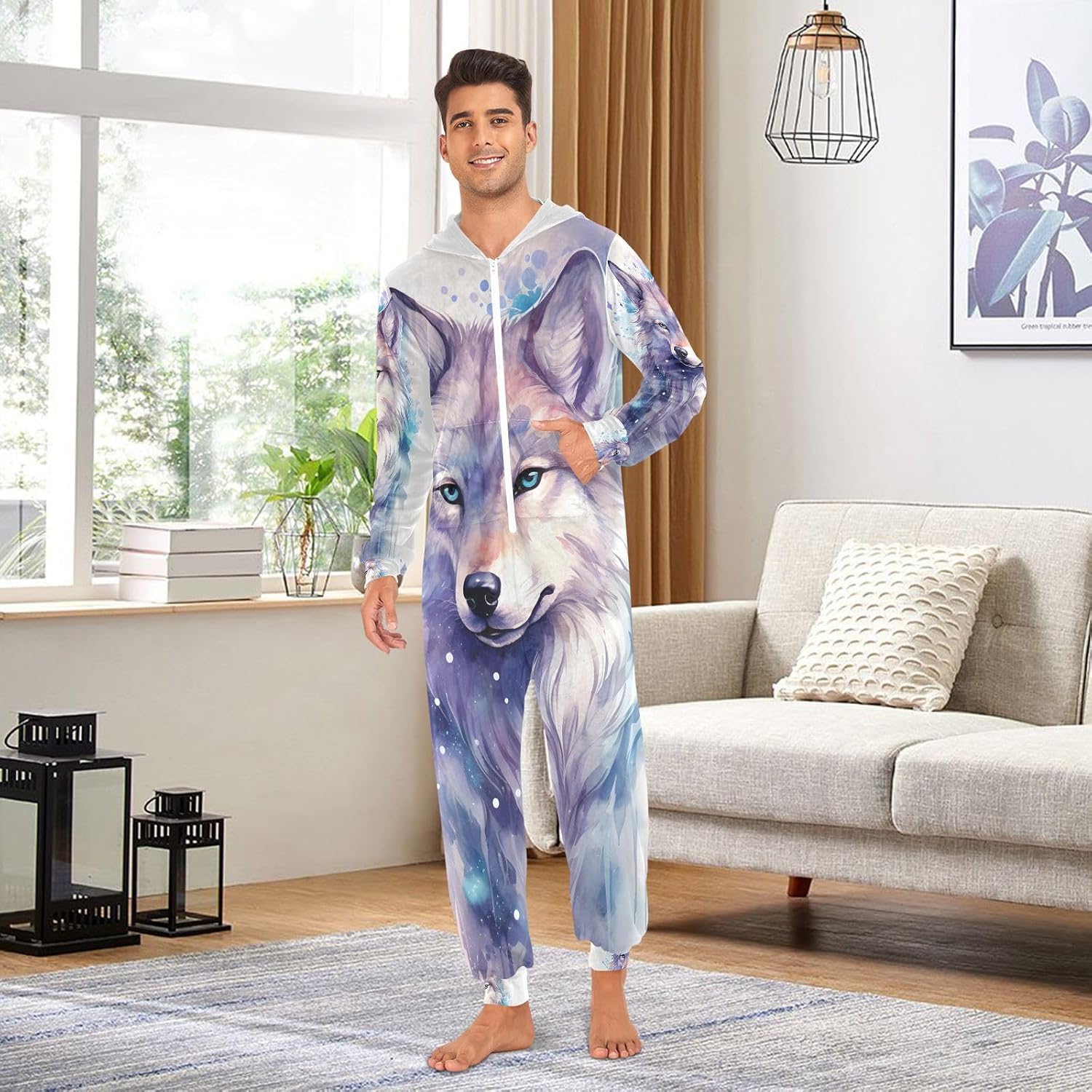 Wolf Galaxy Wolves Tie Dye Adult Onesie Pajamas for Unisex Novelty One Piece Costume Sleepwear
