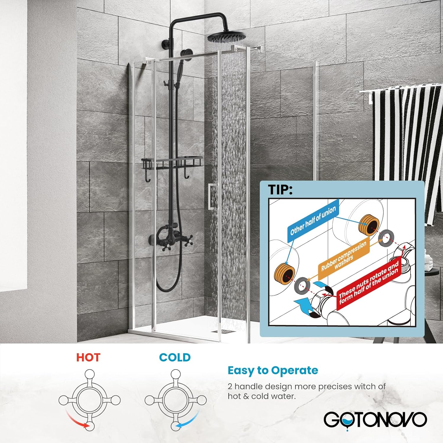 gotonovo Exposed Shower Faucet Set with Shower Shelf 8 inch Rainfall Shower Head with Handheld Sprayer Double Cross Handles Shower System Dual Functions Wall Mounted Matte Black