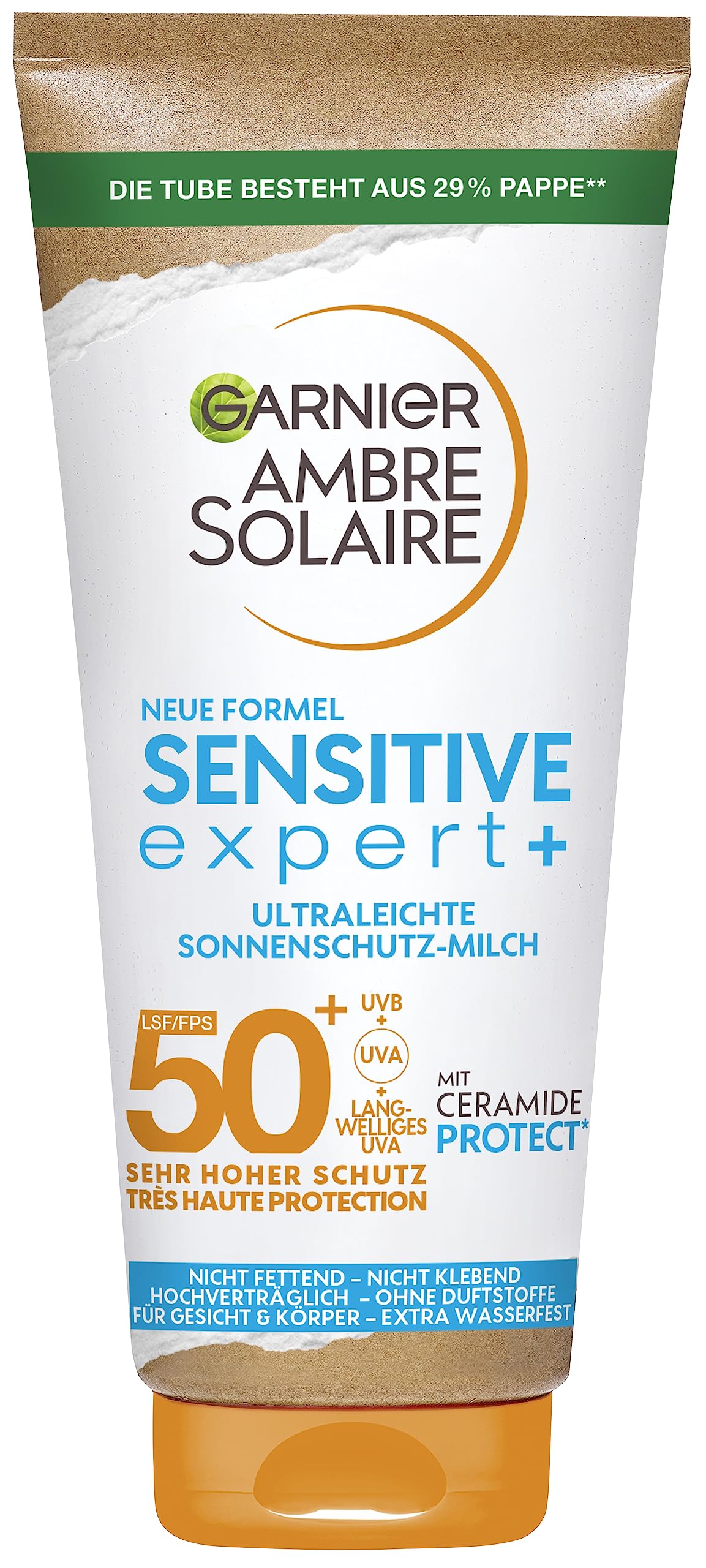 Garnier Ambre Solaire Sensitive Expert mleczko z filtrem przeciwsłonecznym LSF 50+, bardzo lekki i bez pozostawiania śladów krem przeciwsłoneczny do jasnej i wrażliwej skóry, Ambre Solaire Sensitive