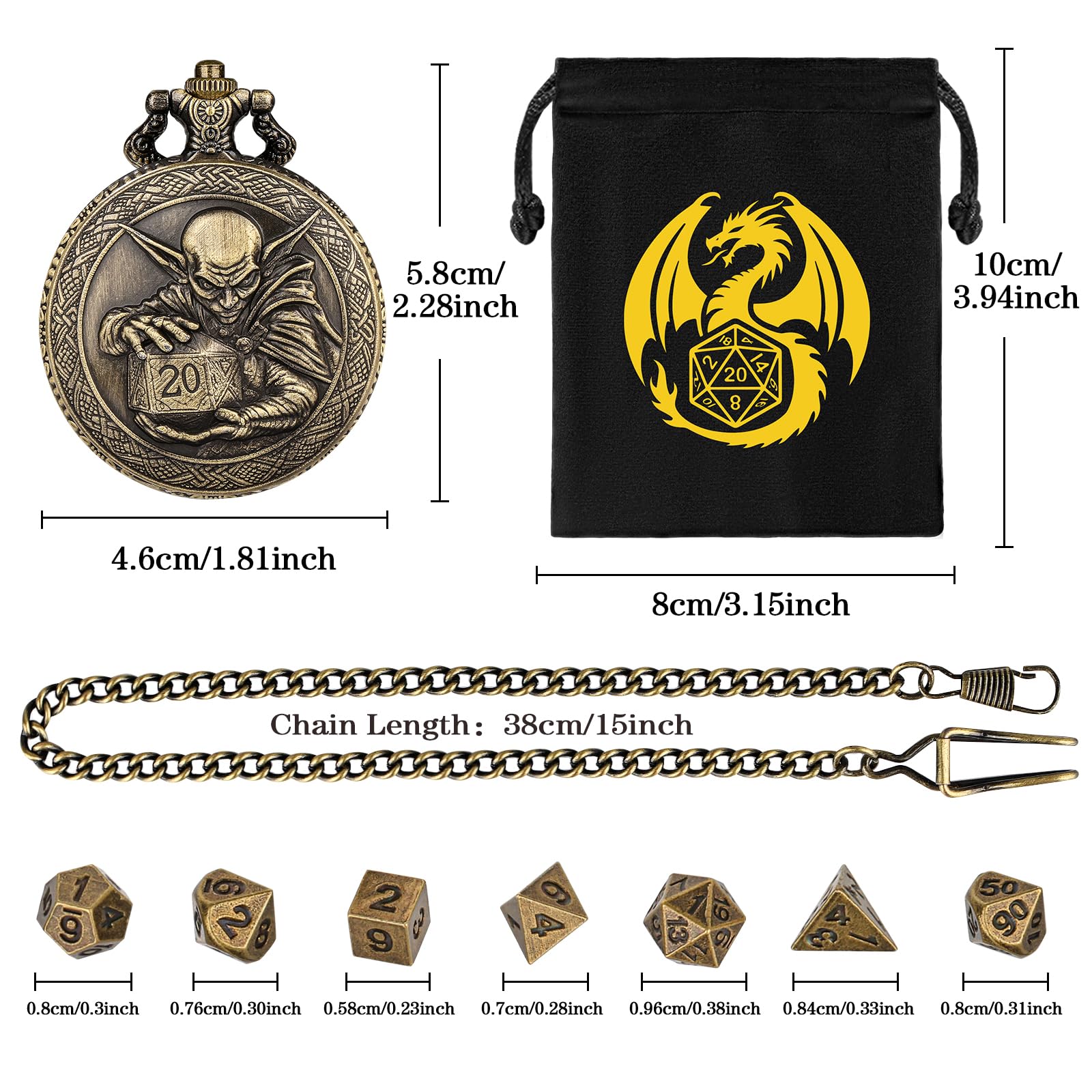 Mini DND Dice Set including Hobgoblin Holding D20 Dice Pocket Watch Shell Case, 7pcs Polyhedral Metal Dice Set - Image 2