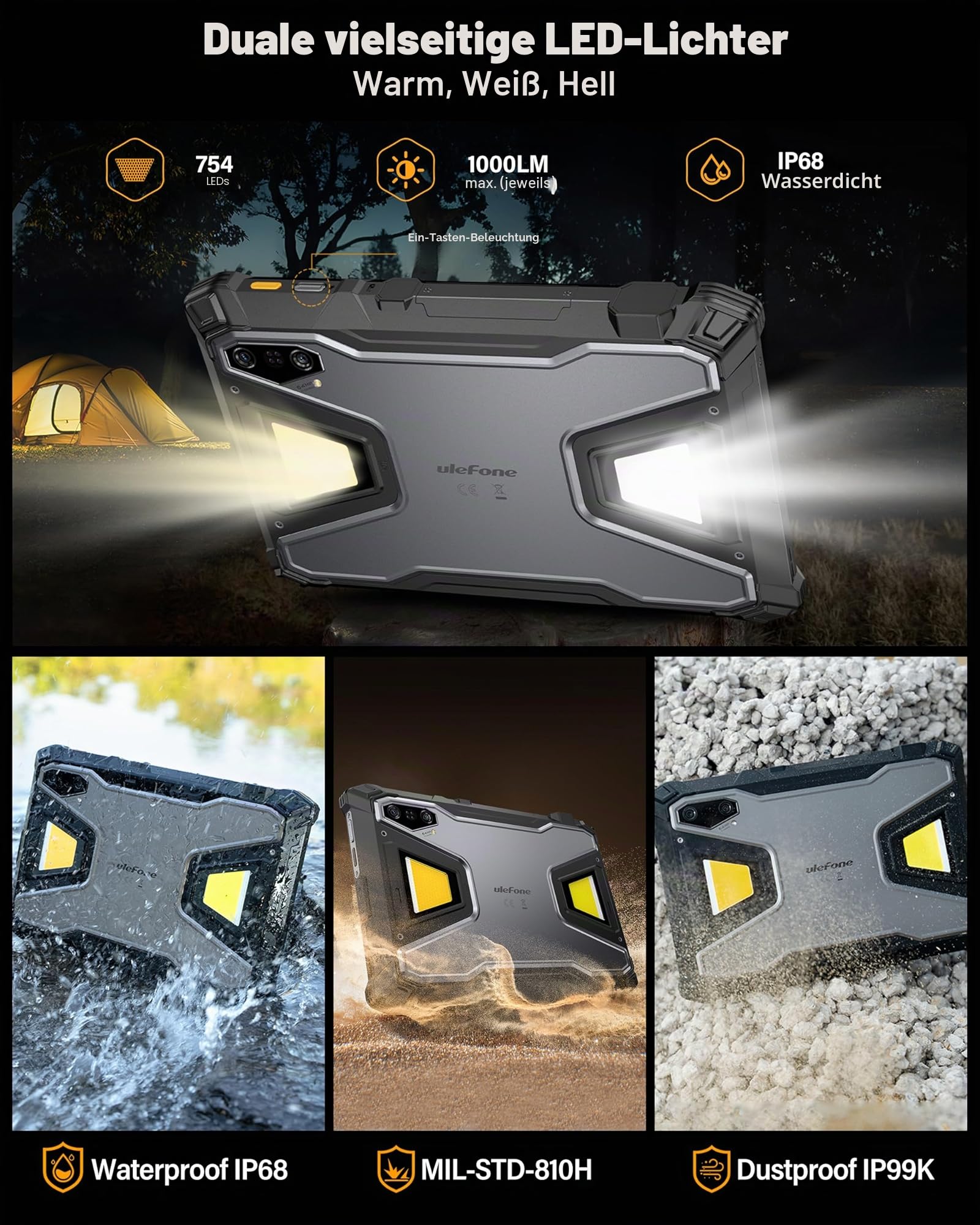 Ulefone Armor Pad 5 Pro 5G Outdoor Tablet 5G Mit 24200mAh Akku, Android 15, Dimensity 7400X, 32GB+512GB Robustes Tablet 11 Zoll FHD+ 1000 Lumen LED, 64MP Nachtsicht, IP68 Wasserdicht Stoßfest, NFC/GPS