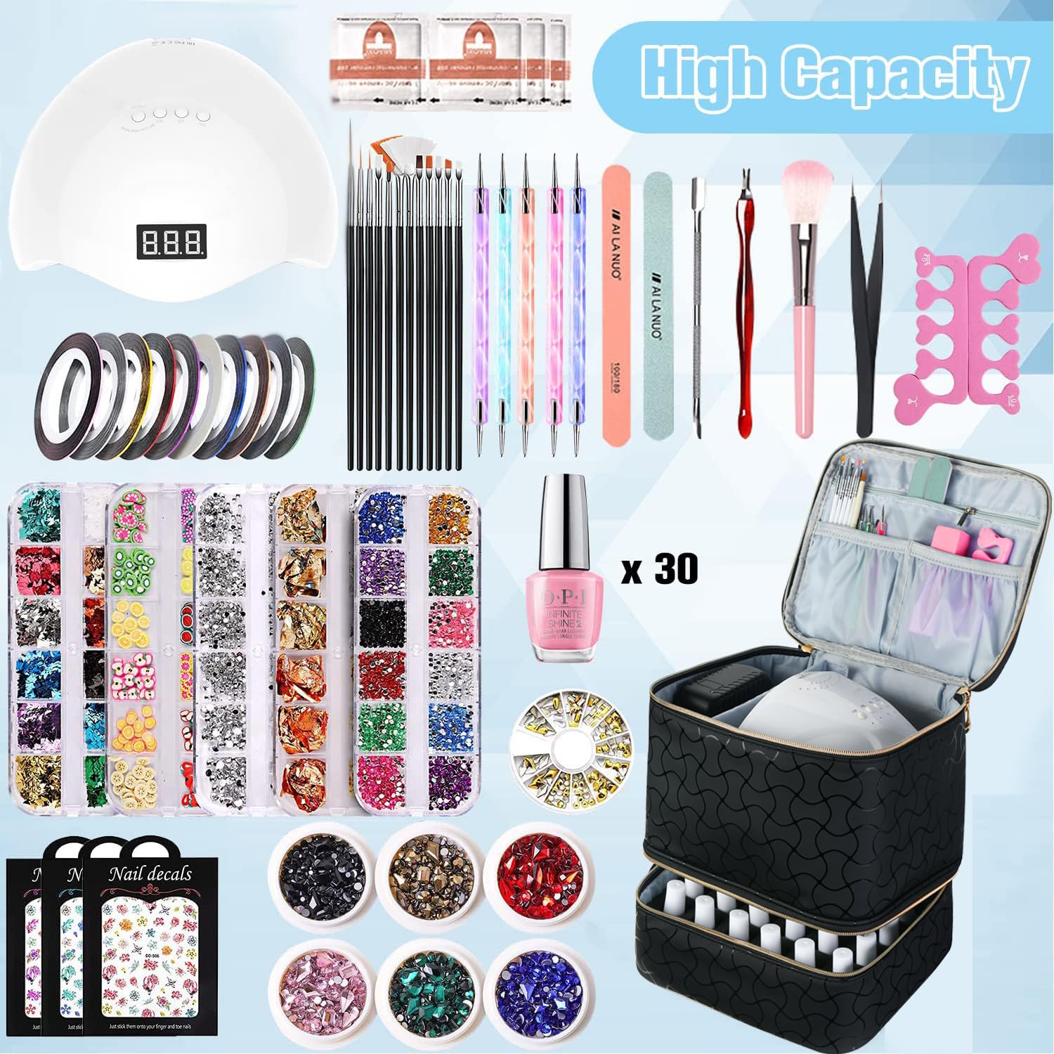 Nail Polish Organizer Holds 30 Bottles (15ml) and 1 Nail Light Nail Polish Carrying Case with Storage Pockets for Manicure Tools Double Layer Nail Storage Travel Bag with Handle (): B-Black
