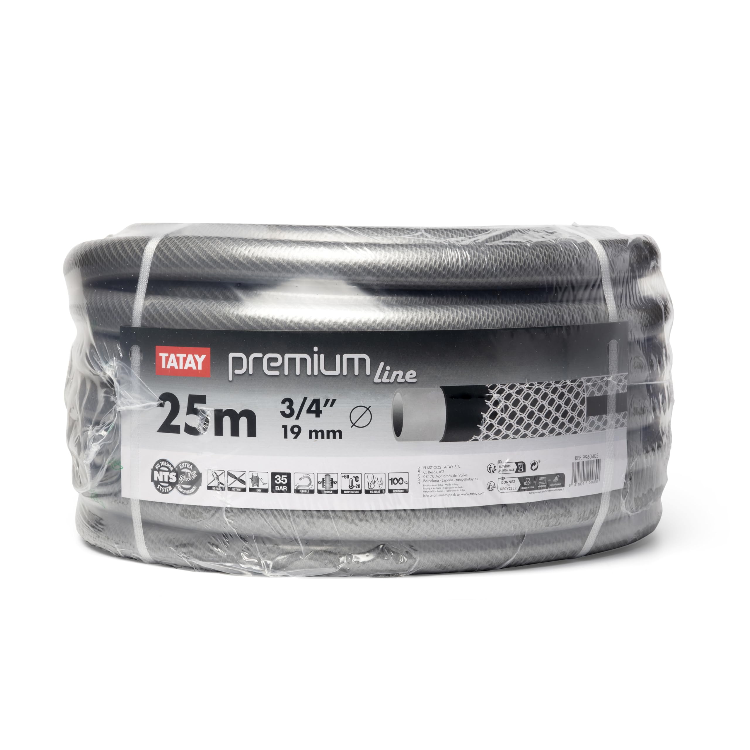 Tatay Manguera de Jardín Premium, 25 Metros, 3/4" 19mm de Díametro, de 4 Capas PVC Poliester, Resistencia 35 Bares y -20º a 60º, Antitorsión, Libre de BPA.