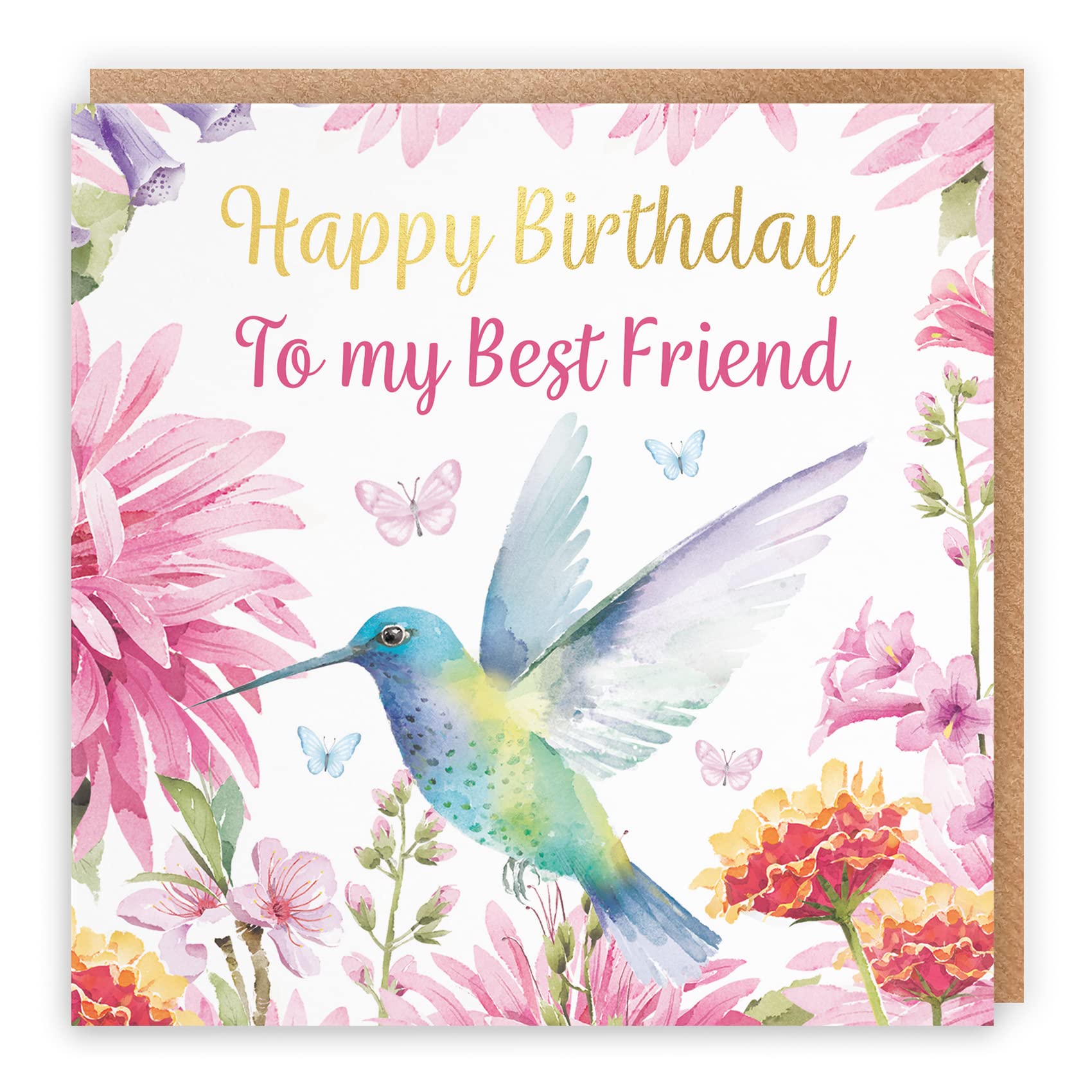 Hunts England - Best Friend Hummingbird Birthday Card For Her - With Gold Foil - Pretty Flowers - Milo's Gallery - Birthday Card For Best Friend - Female