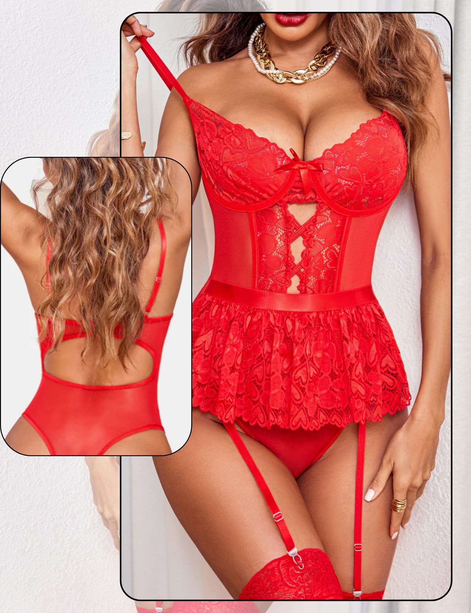 Komplet bielizny Teddy z pończochami, koronkowe body Bielizna na szelkach Bez pleców Przezroczysta siateczka Gorset Bielizna nocna Strappy Babydoll Trykot z głębokim V