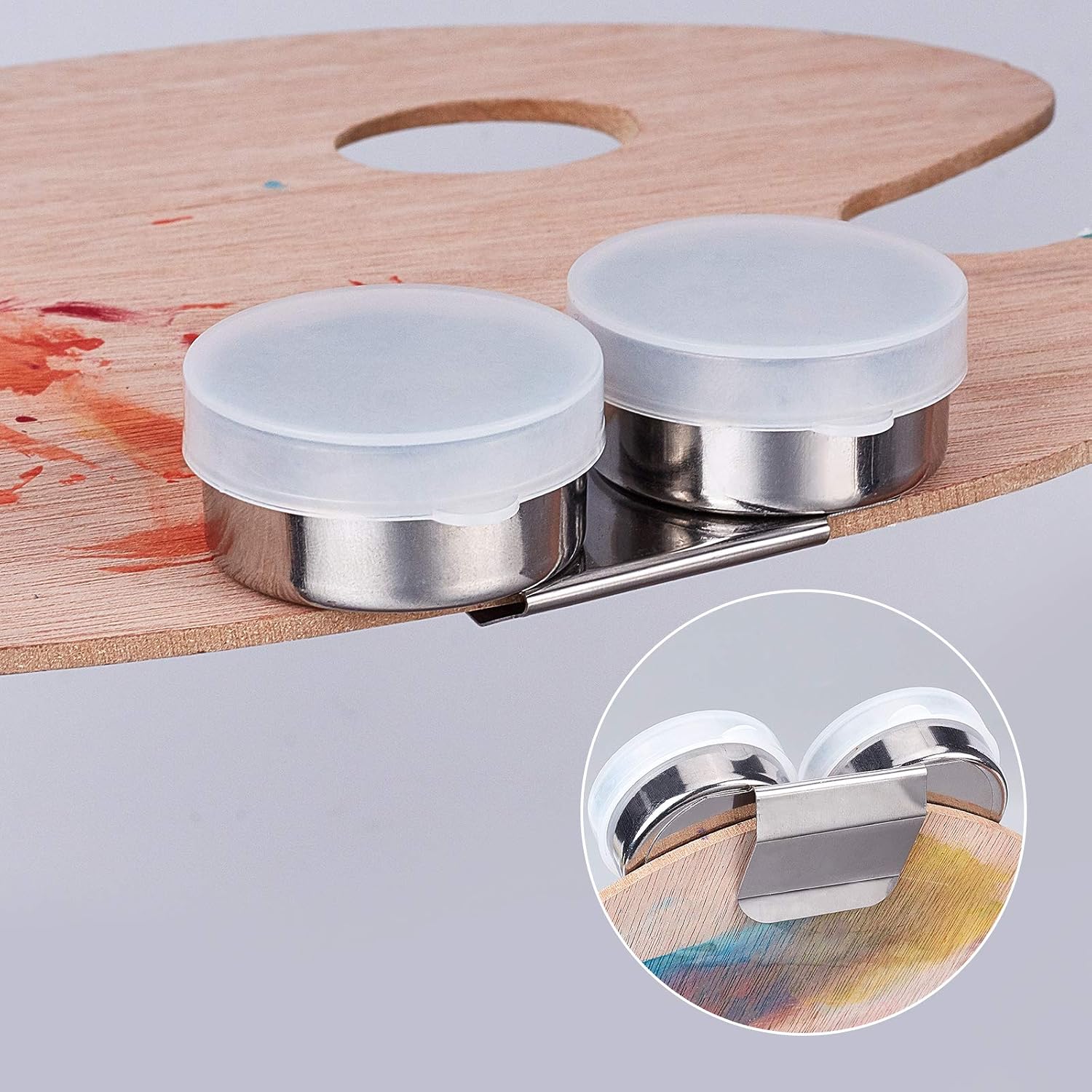 FINGERINSPIRE 6Pack Double Dipper Palette Cup Stainless Steel Palette Cup with Plastic Lid and Stainless Steel Clip for Oil Painting Drawing, Inner Diameter: 1.4inch