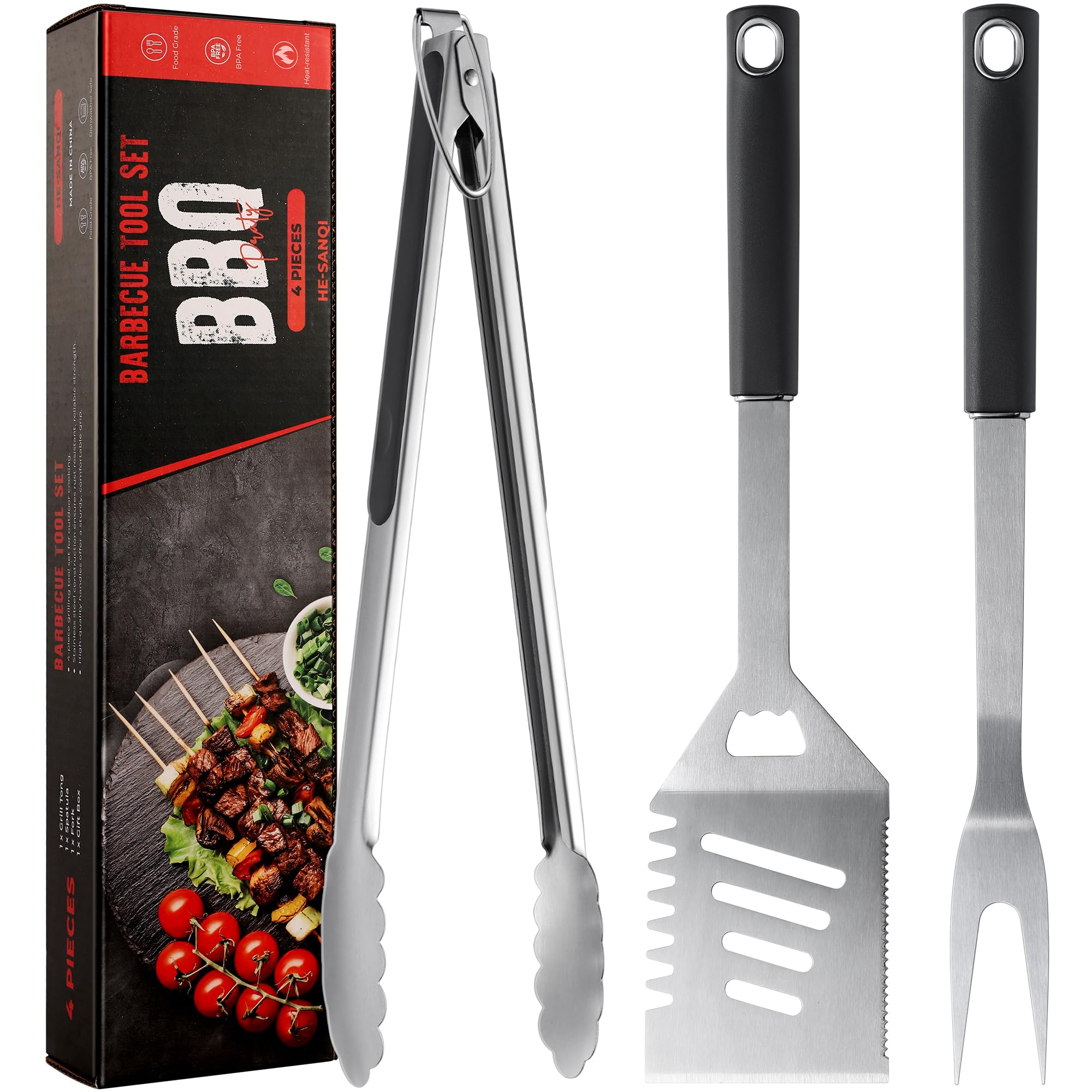4 accesorios para barbacoa, herramientas de parrilla, accesorios de parrilla resistentes, accesorios de parrilla, juego de herramientas de parrilla con espátula, tenedor, pinzas y caja de regalo para