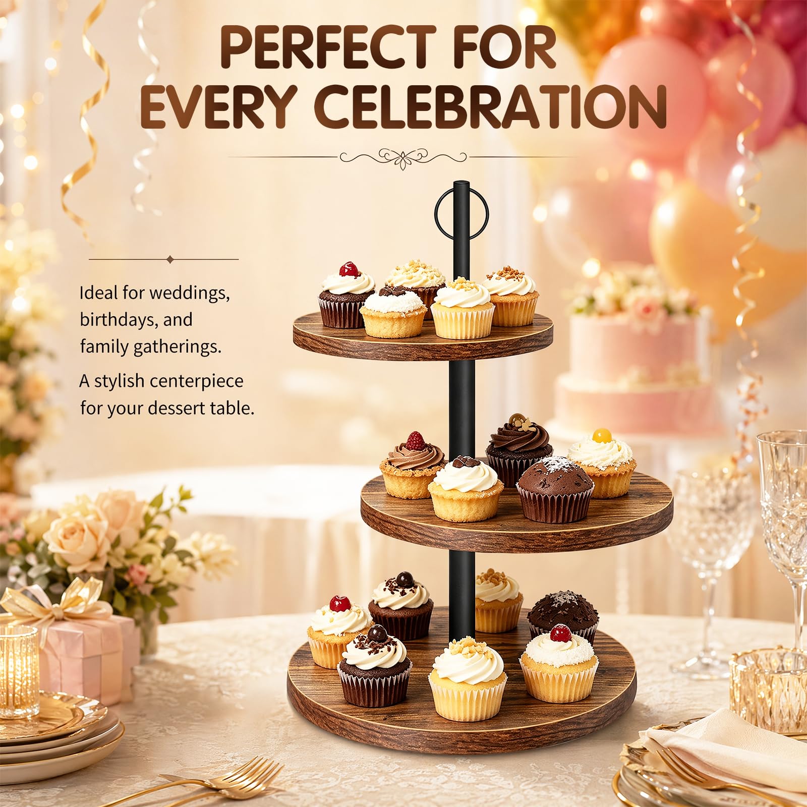 Alzata a 3 ripiani in legno, grande supporto per cupcake, girevole, rotonda, per muffin, torte, dessert, matrimoni, feste di compleanno (diametro 30/25/20 cm)
