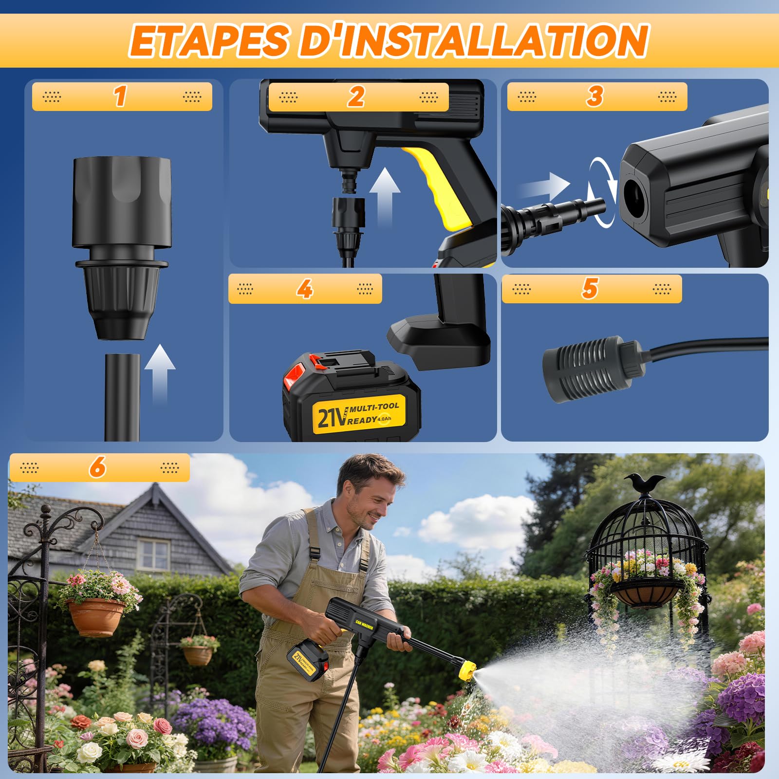 100Bar Nettoyeur Haute Pression sans Fil 2026, 6 en 1 Nettoyeur Haute Pression sur Batterie, débit de 240 L/h, Moteur en Cuivre Pur, 20 000 TR/Min, pour Voiture, Moto, Fenêtres et Terrasse