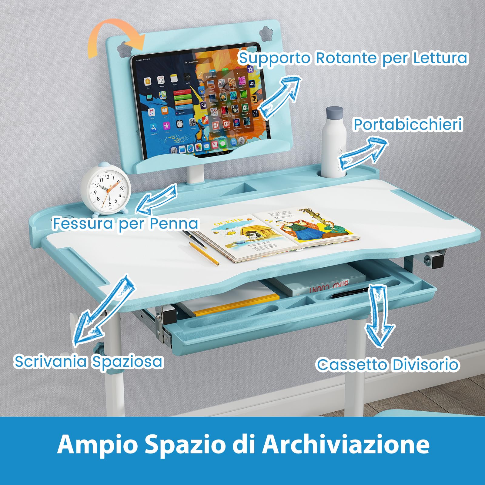 RELAX4LIFE Scrivania per Bambini con Sedia, Set Tavolo da Studio con Piano Inclinabile, Altezza Regolabile, Supporto per Libri, Portabicchieri, Cassetto Estraibile, Sedia Ergonomica (Blu)