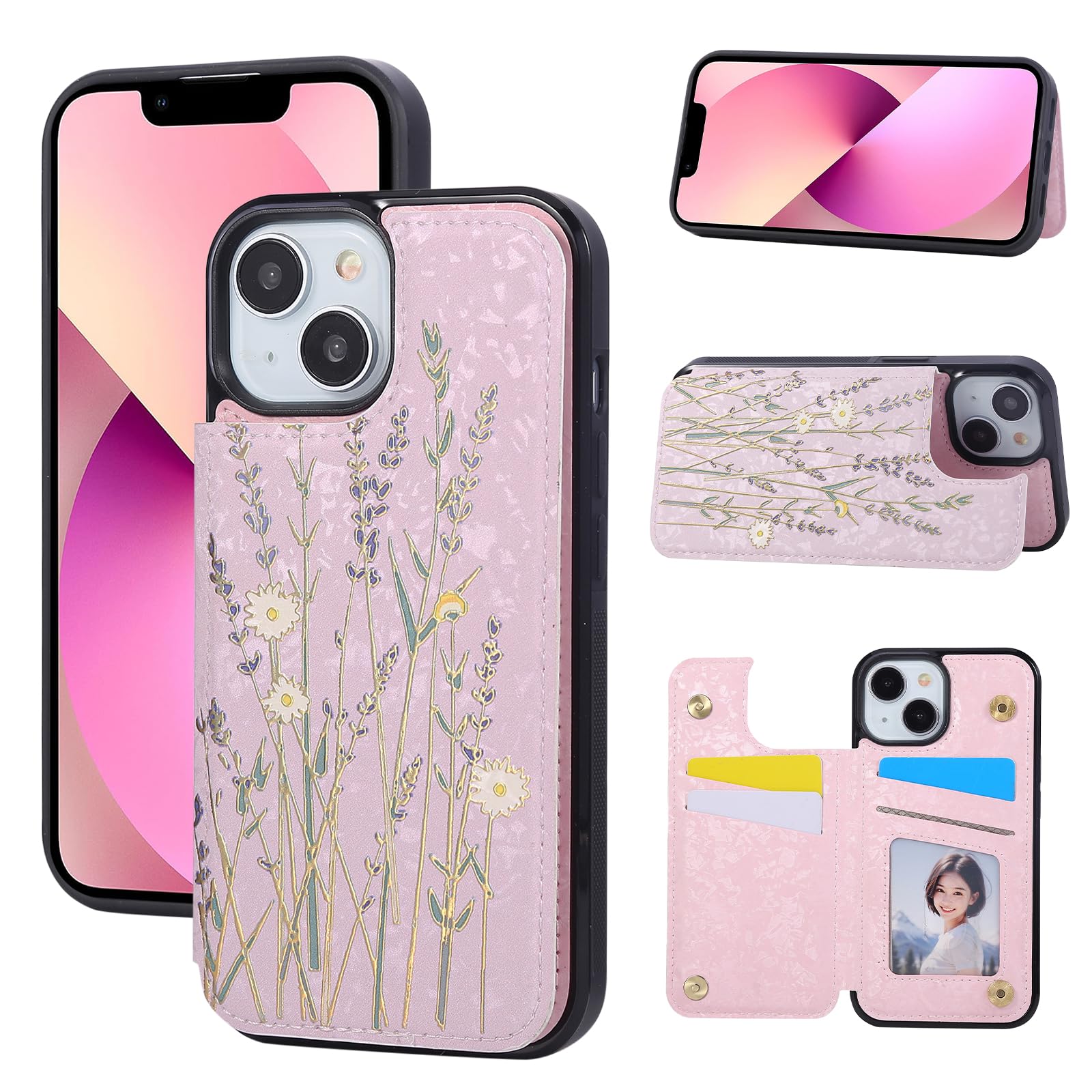 Photo 1 of UEEBAI Wallet Case for iPhone 15 with Card Holders, PU Leather Cover Kickstand RFID Blocking Double Magnetic Clasp Rilievo Flower Shockproof Flip Case for Women Girls - Pansy