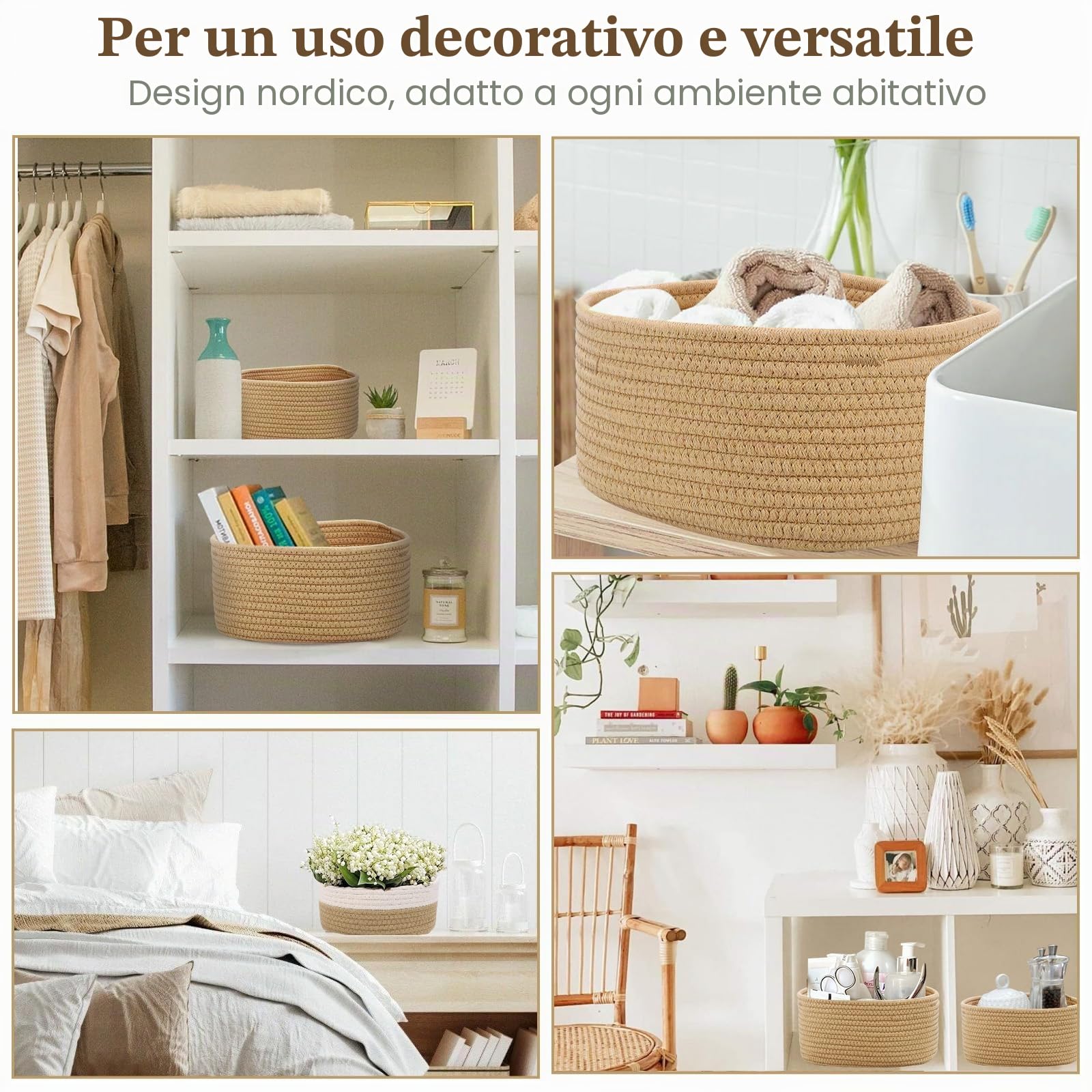 Cestini Portaoggetti, Set di 5 Piccoli Cestini in Cotone Intrecciato per Camera, Bagno e Mensole,Corda di Cotone per Bambini Bambina,Impilabile Organizer Fasciatoio