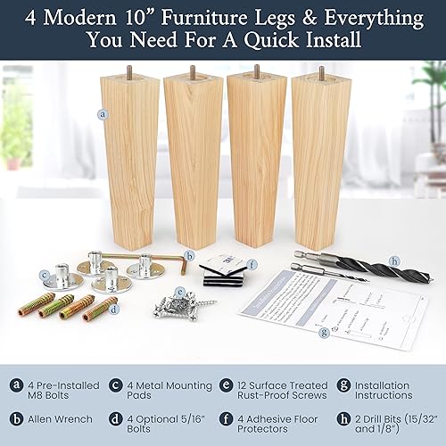 Miniatura 9 de Patas cuadradas de madera de fresno prémium para muebles (kit de instalación completa), elige tu tamaño y color