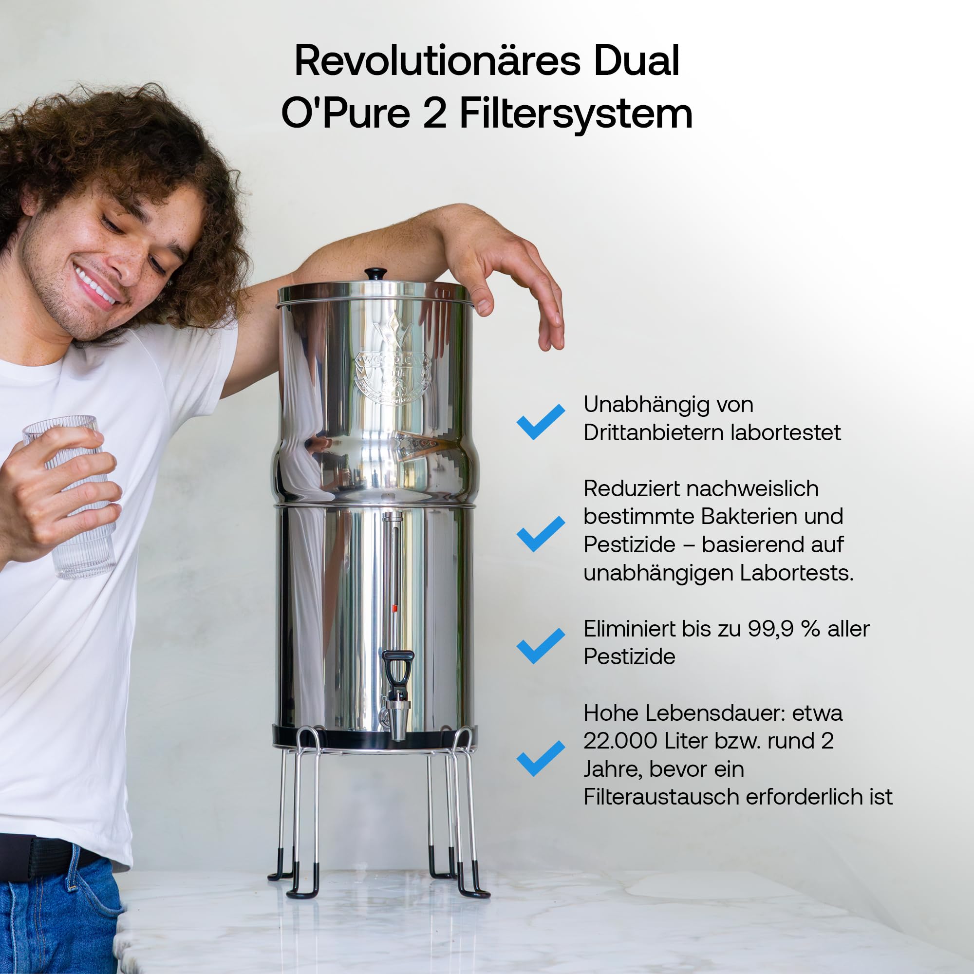 Weeplow® Earth – Schwerkraft-Wasserfiltrationssystem 8,5 Liter AISI 304 mit 2 O'Pure 2 Reinigungselementen, Wasserhahn mit Wasserwaage und kostenloser Edelstahlhalterung