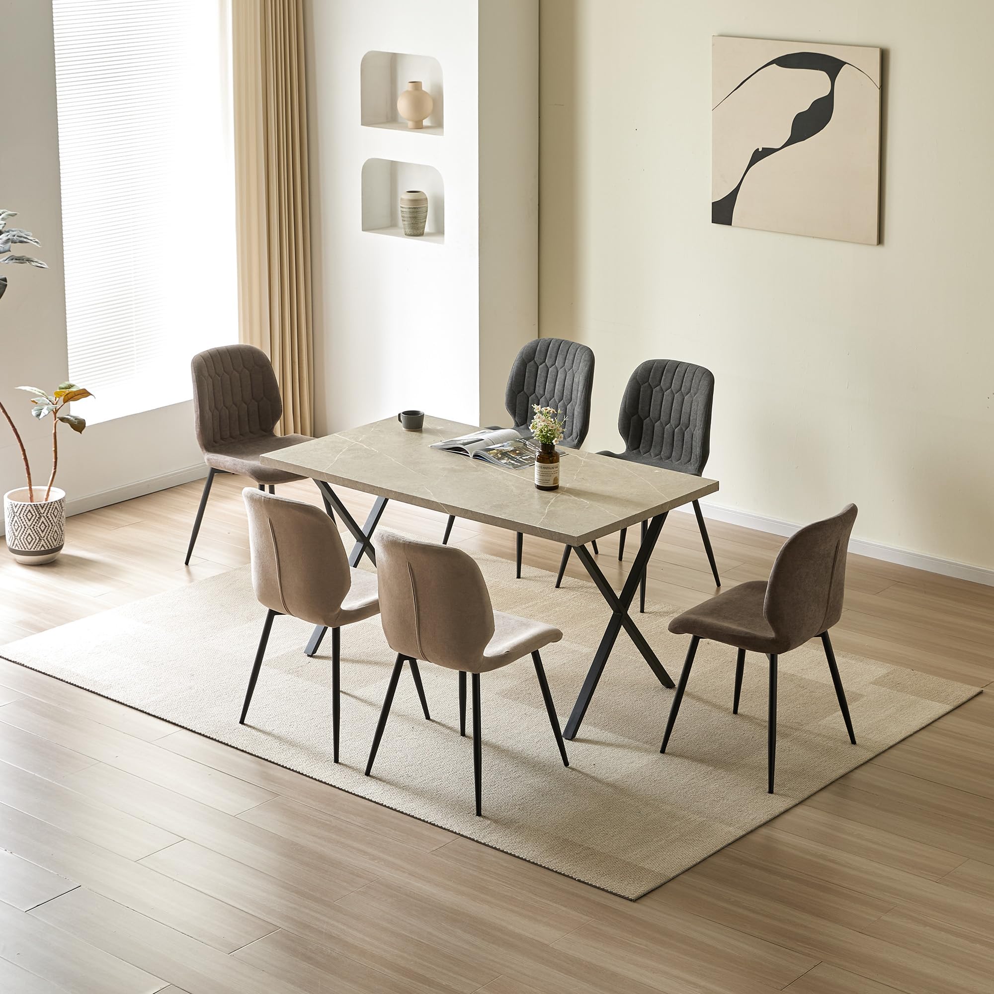 Esszimmerstühle 6er Set für Küche und Schlafzimmer Gepolsterte Wohnzimmerstühle mit Wabenmuster aus Chenille-Stoff, Ergonomische Stühle mit Metallbeinen Braunfarben