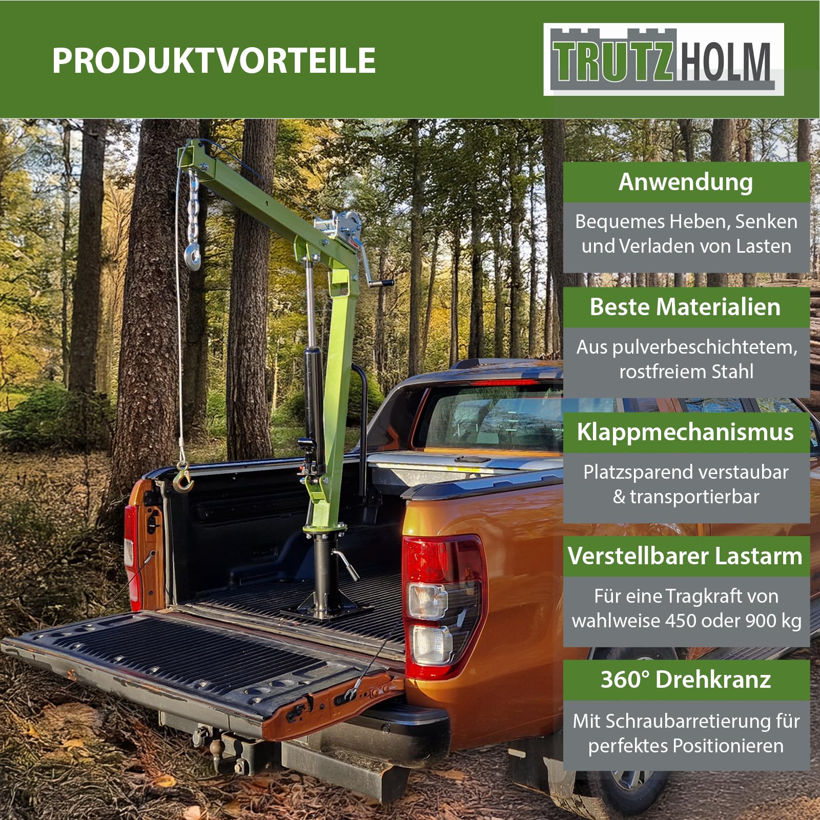 TRUTZHOLM Pickup Kran mit Seilwinde Tragkraft 900 kg hydraulischer Heber 360 Grad drehbar Schwenkkran Hebekran Pritsche Werkstattkran Fahrzeugkran aufschraubbar Hebekran Ladekran