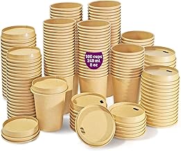 100 vasos desechables kraft de 240 ml / 8 oz con tapas de papel, vasos de cartón kraft desechables para café americano, café con leche y refrescos. Para llevar
