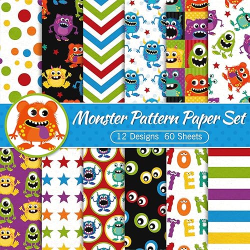 Whaline 60 hojas de papel con patrón de monstruo de Halloween, tamaño A5, 12 diseños, papel de álbum de recortes de alienígena de doble cara, lindo