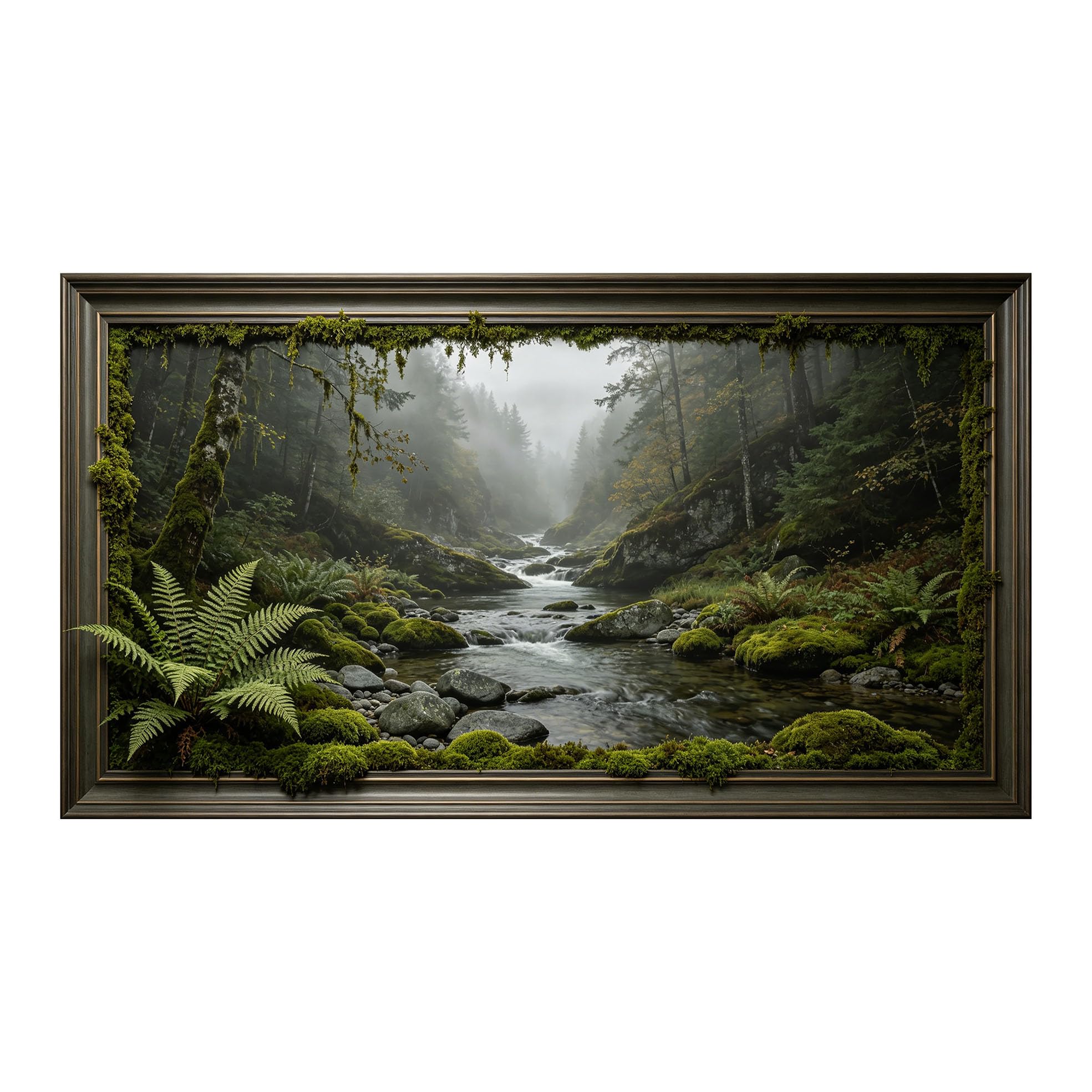 Yzpallescene 3D Framed Wall Art 50cm×100cm Misty Mountain Waterfall Forest Landscape Panoramic Window View Large Size SelfAdhesive Removable Wall Decor Prints Artwork for Living Room Bedroom Office