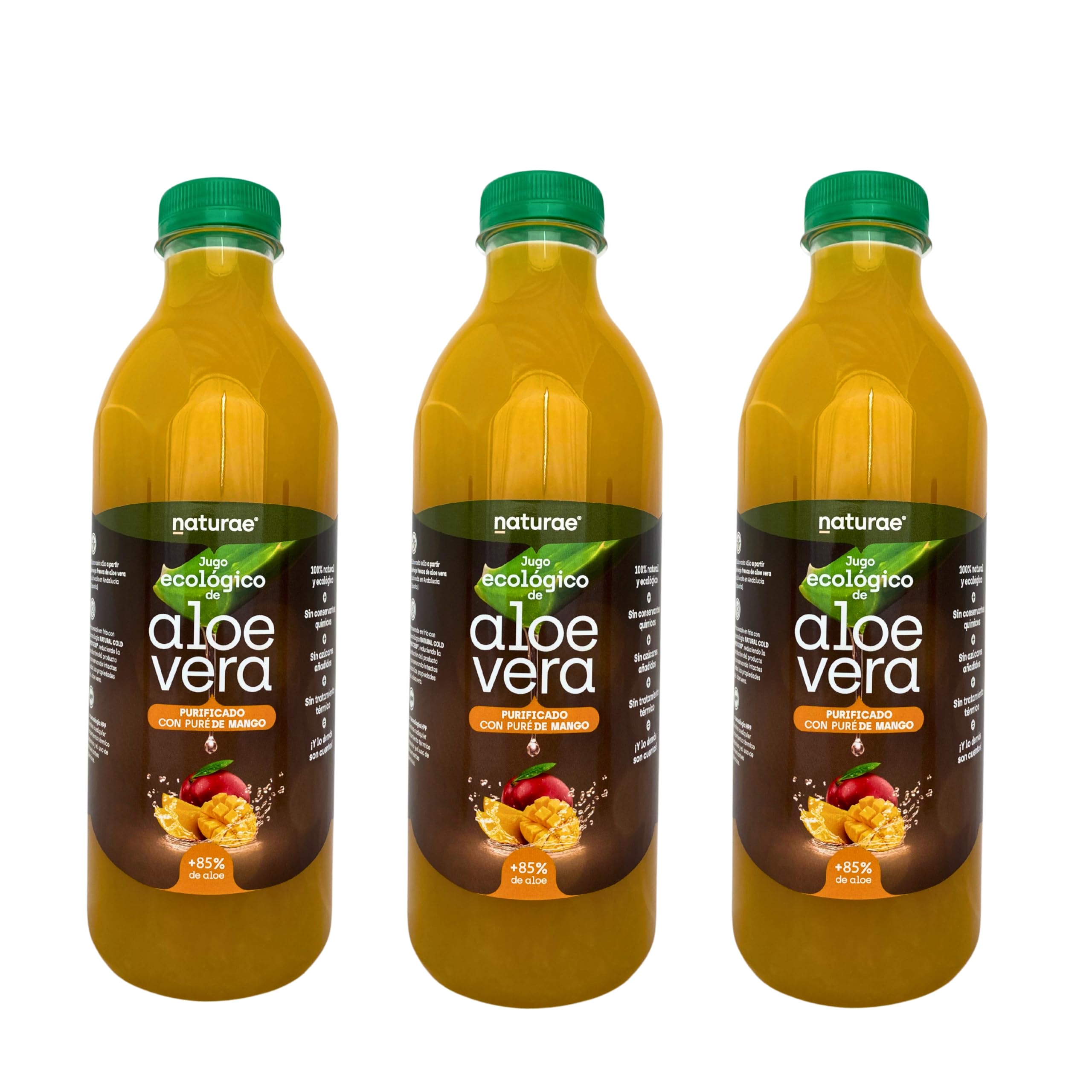 NATURAE Jugo Aloe Vera con Mango ecológico - 3 Recipientes de 1000 ml - Total: 3000 ml