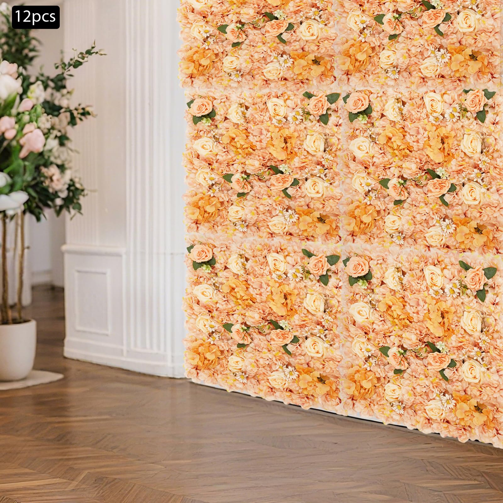 Künstliche Blumenwand 12 Stück 38x38 cm, Rosenpaneel für Hochzeit Deko | 5 Blumenarten (Rose, Hortensie, Sonnenblume) mit 100 Kabelbindern. Handgefertigt, wasserfest, UV-beständig. Innen & außen.
