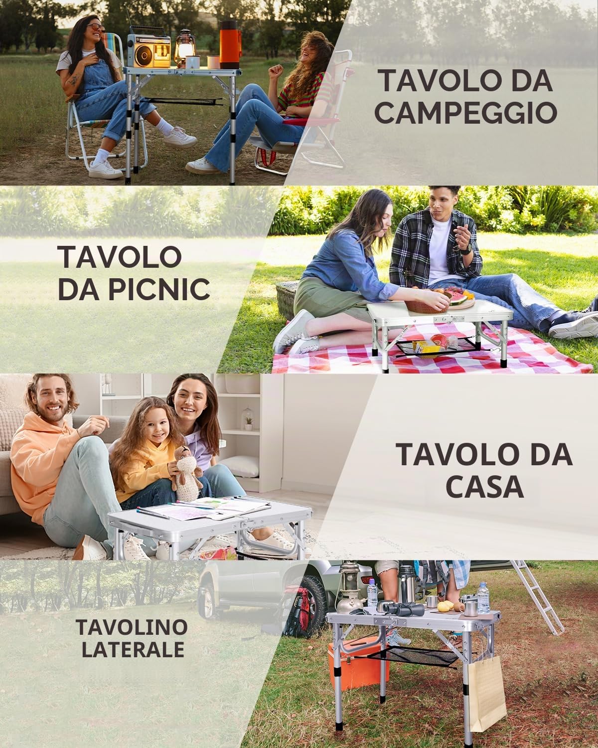 Sportneer Tavolino da Campeggio Pieghevole, Regolabile in Altezza, 60×40 cm, Portatile con Ripiano in Rete, 4 Altezze, Tavolo da Esterno per Picnic e Spiaggia, Bianco