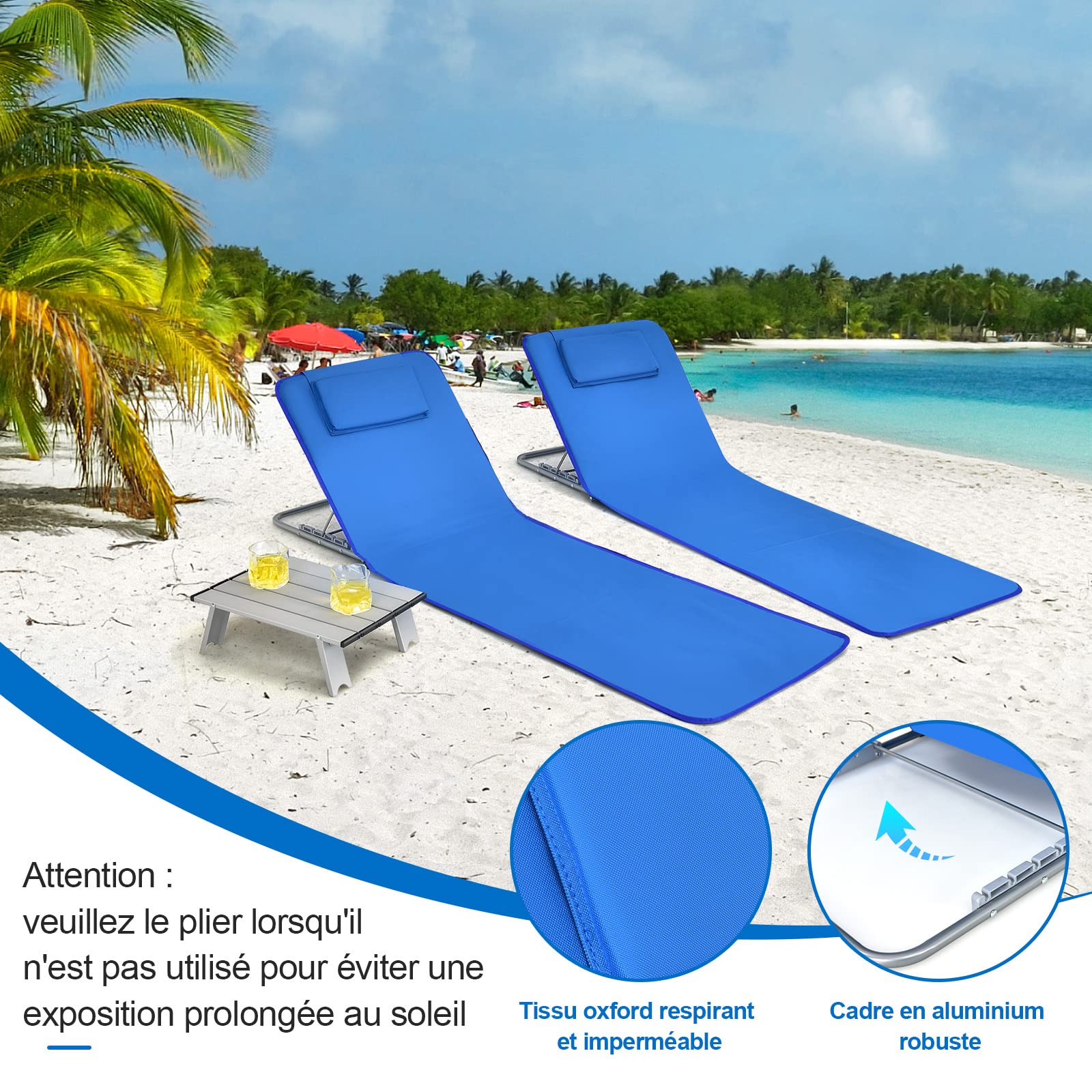 GOPLUS 2PCS Matelas de Plage Réglable à 5 Positions avec Table Basse, 2 Tapis de Plage avec Appuie-têtes, Table d’Appoint Portable, Conception Pliable, Idéal pour Patio, Piscine, Terrasse (Bleu)