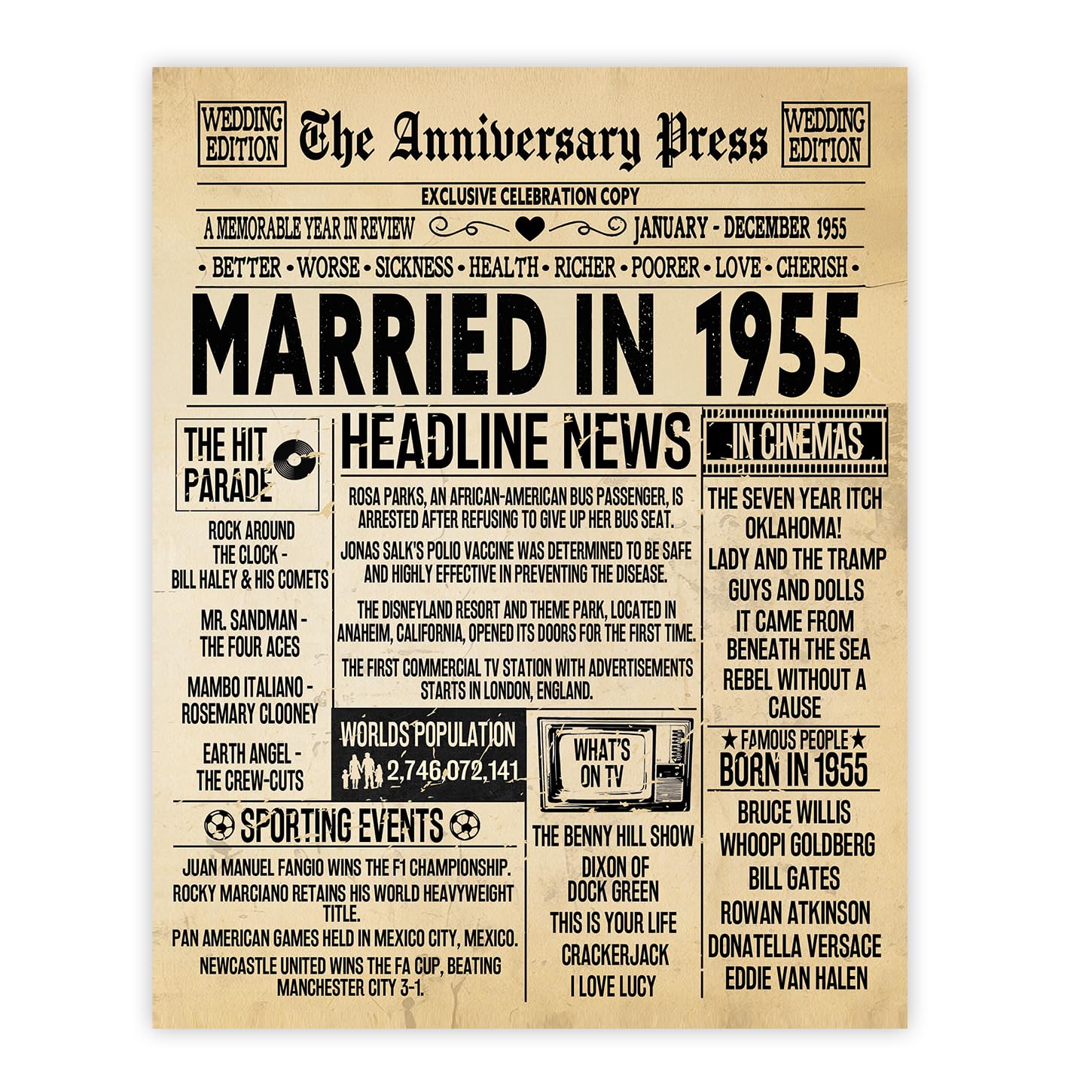 Stuff4 Men's 1955 71St Anniversary Poster Unframed - Married In Newspaper - 71 Wedding Anniversary For Wo Retro Vintage Gifts Back In 8X10 Inch Anniversaries Posters