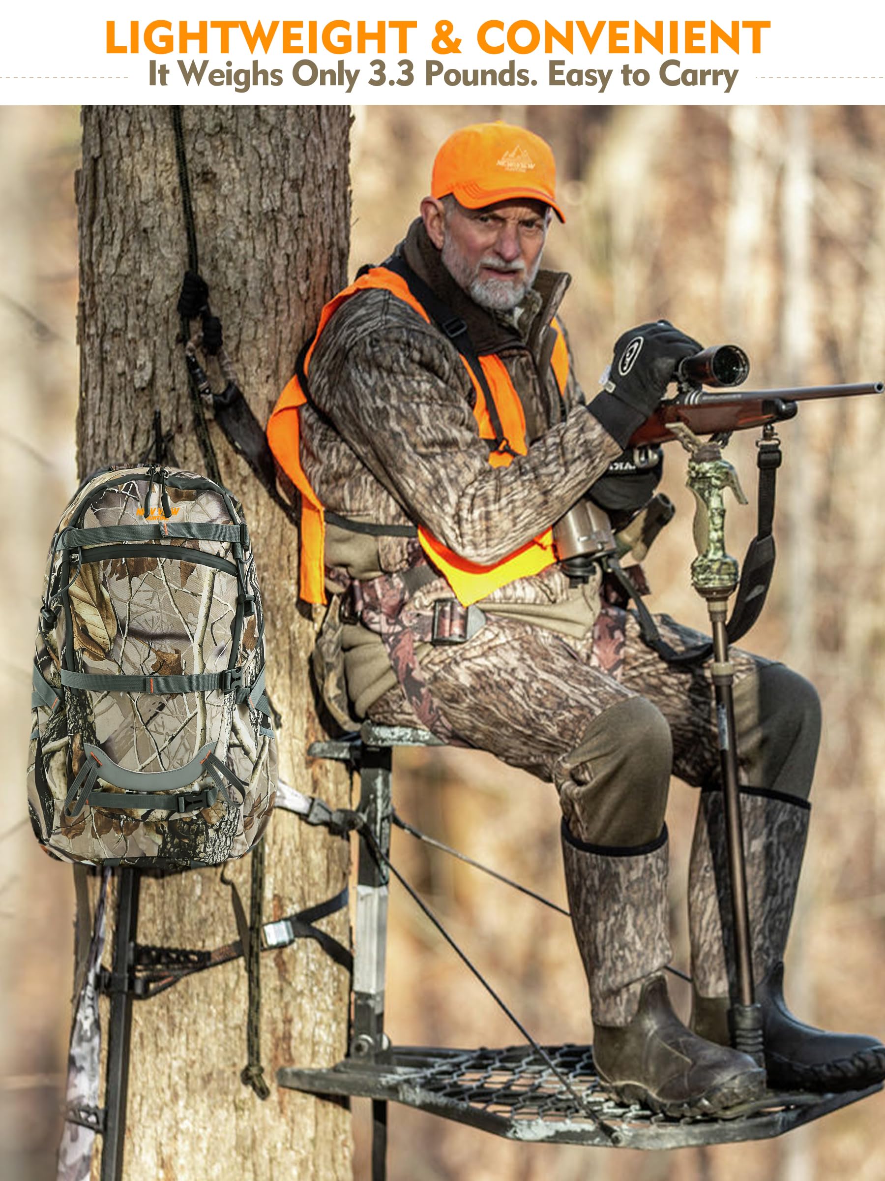 NEW VIEW Camo Hunting Backpack 35L With Interal Frame, 600D Durable 2100cu Daypack with Rifle Holder, Rain Cover Included