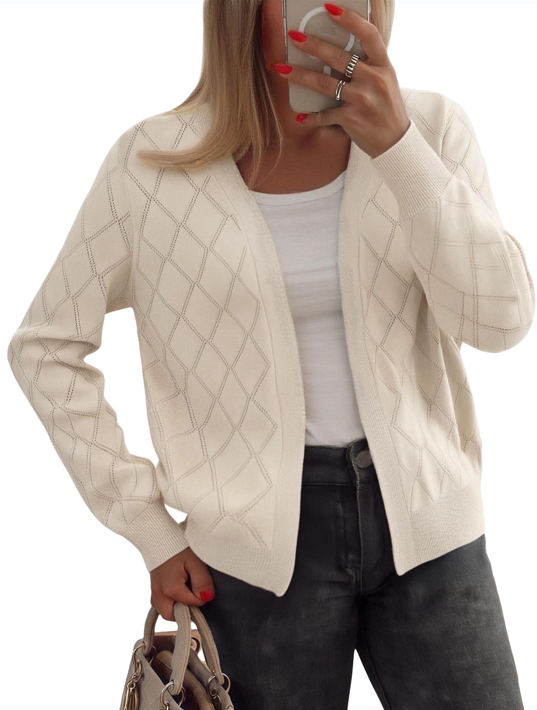 Halife Womens Lightweight Cardigan Sweaters Diamond Pattern Knit Open Front Long Sleeve Hollow Out Cardigans