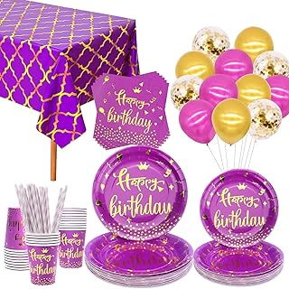 Purple Birthday Party Supplies, Including Plates, Cups, Napkins, Straws, Tablecloths, Balloons, for Baby Shower Princess Birthday Party Decorations Serves 20 Guests