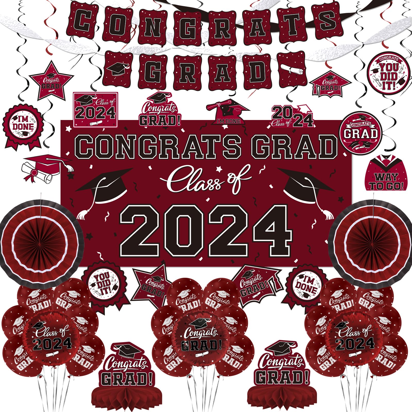 Maroon Themed 2024 Graduation Decorations Set - Congrats Grad Banner, Class of 2024 Backdrop, Balloons & Streamers Kit - Complete Party Supplies for High School & College Celebrations