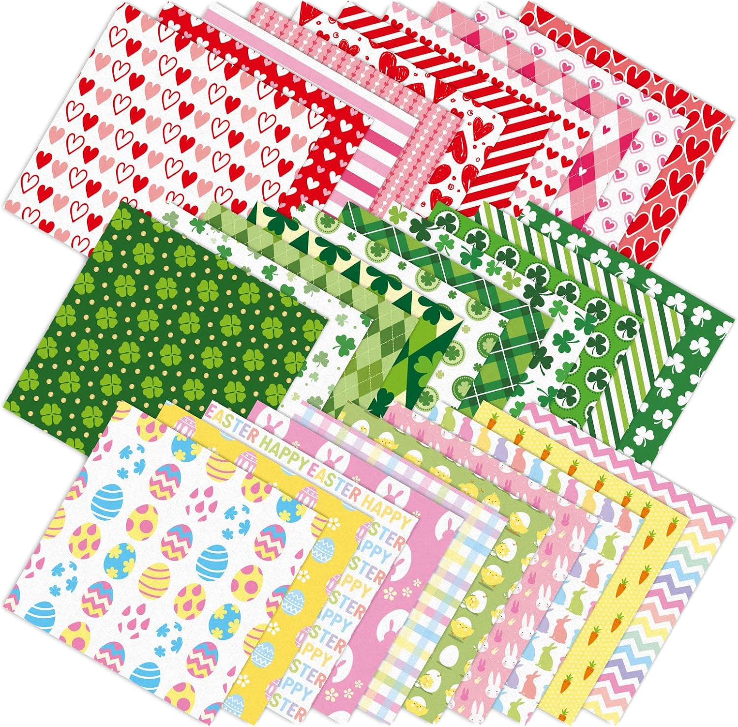 JarThenaAMCS 60 Pcs Valentine's Day St. Patrick's Day Easter Fabric Squares Cotton Fabric Bundles Small Heart Bunny Shamrock Sewing Fabrics for DIY Sewing Craft Decor, 10 x 10 Inch