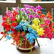 Artificial Flowers for Outdoor, 18 Bundle UV Resistant Fake Plants, Realistic Faux Silk Floral for Outside Indoor Porch Patio Window Box Planter Home Decor (Rosy Red Yellow Blue)