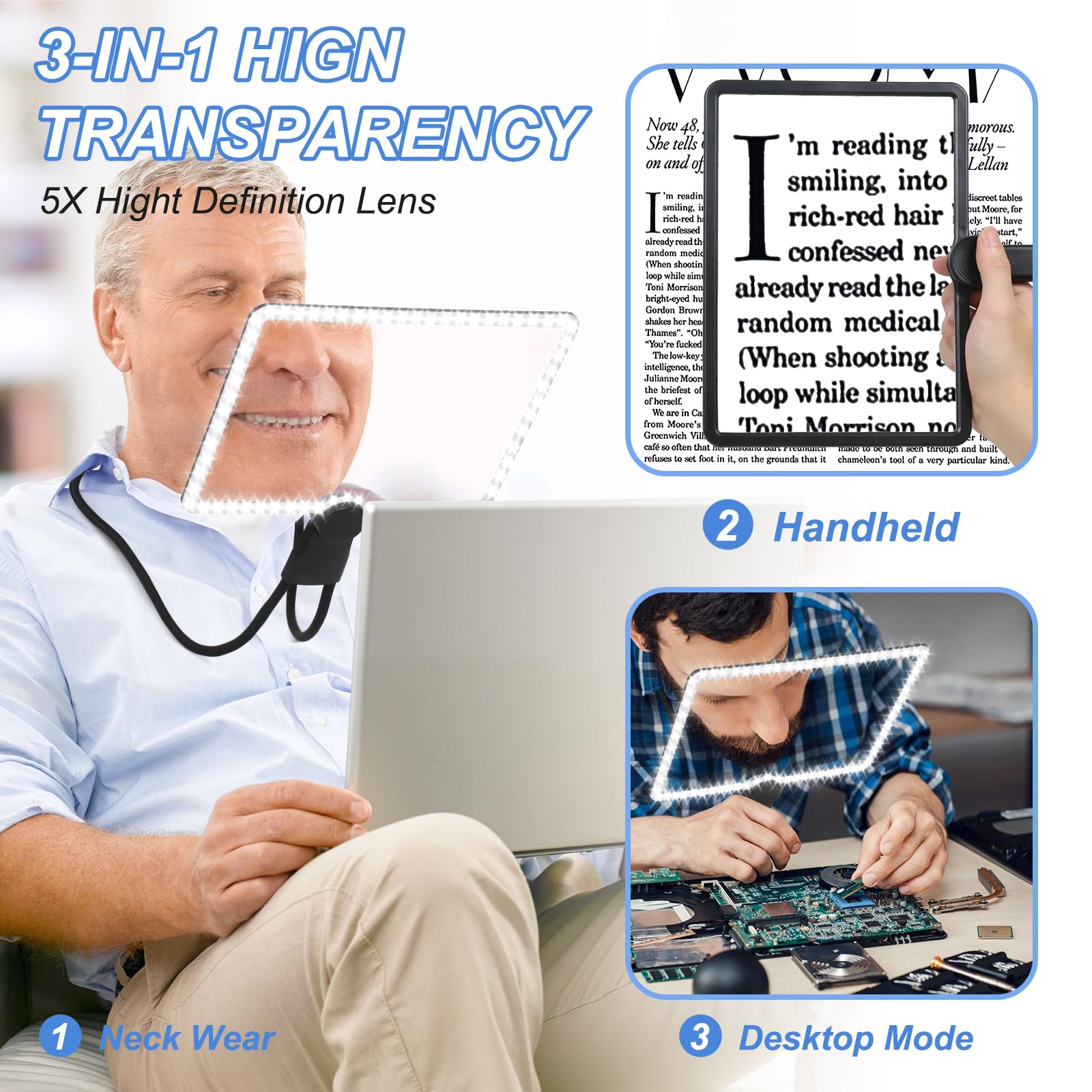 Lupa manos libres con luz, lupa de página completa para leer, 50 LED ultrabrillantes, lupa grande con luz con cuello de cisne flexible, lupas de lectura recargables para personas mayores