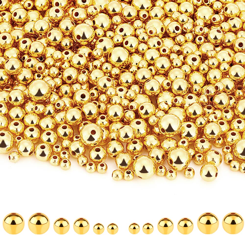 DECYOOL1200Pcs Gold Round Spacer Beads Smooth Loose Ball Beads for Bracelet Jewelry Making Craft, 4mm, 6mm, 8mm