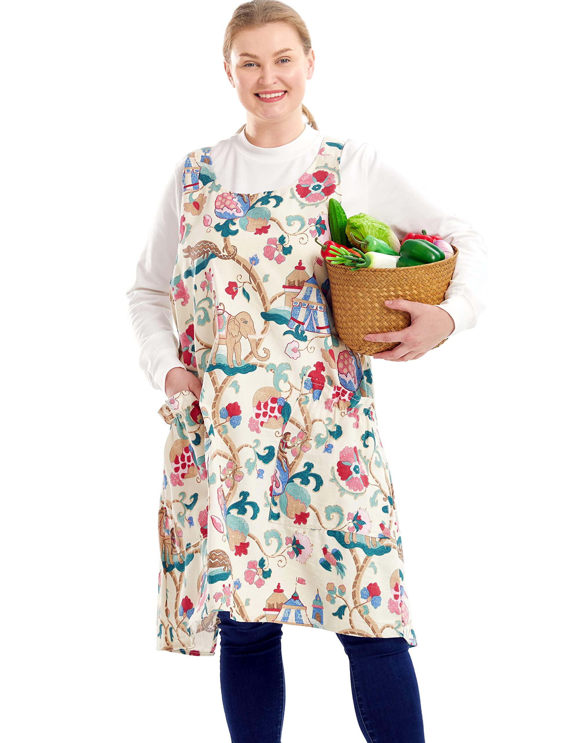 Big Plus Size Aprons for Women with Pockets Cotton Linen Baking Kitchen Cooking, Sacred Flowers, L
