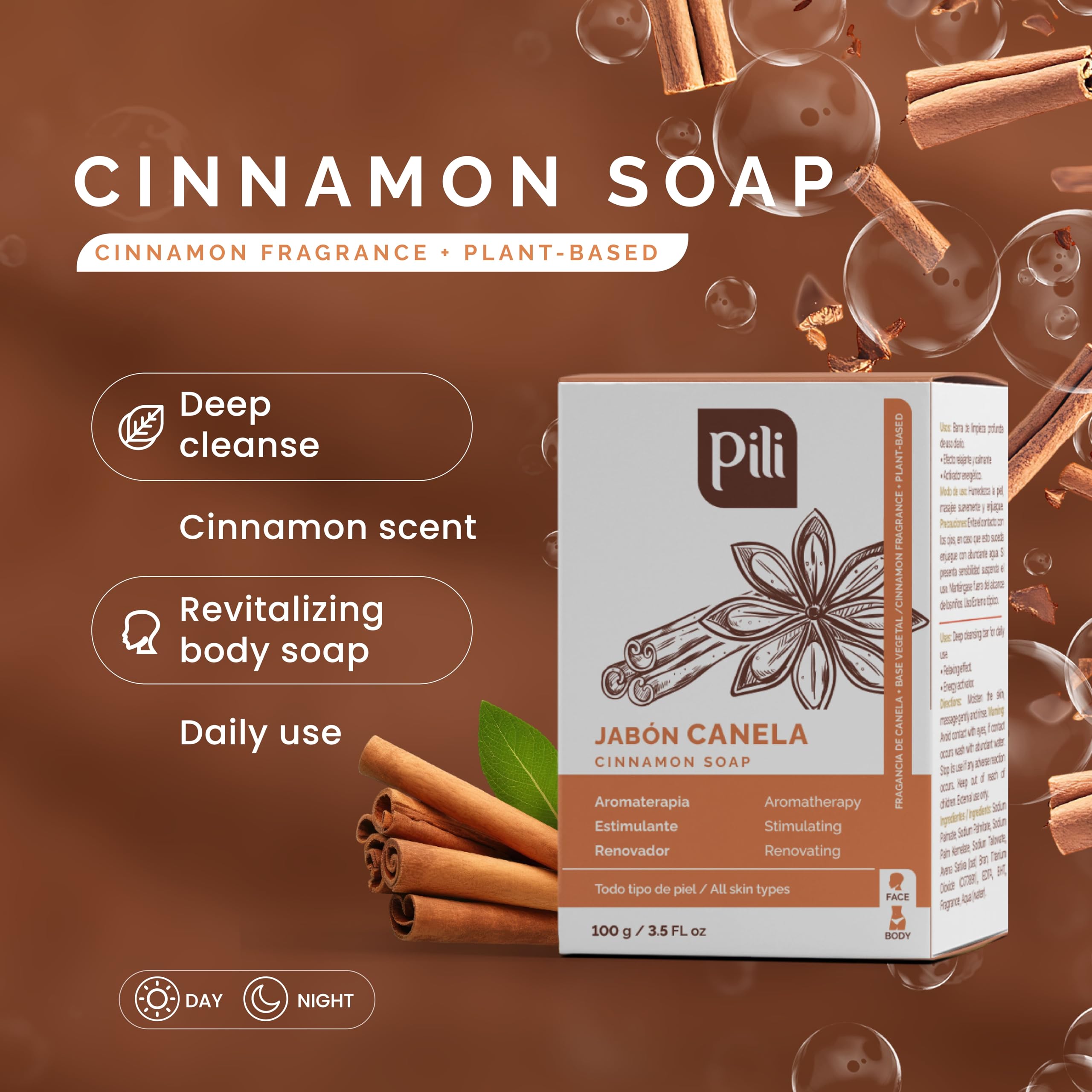 Pili Barras de jabón de canela natural (paquete de 3). Barras de jabón facial y corporal para mujeres, hombres, adolescentes y todo tipo de piel. Jabón de Canela. 3.5 oz cada una. 3