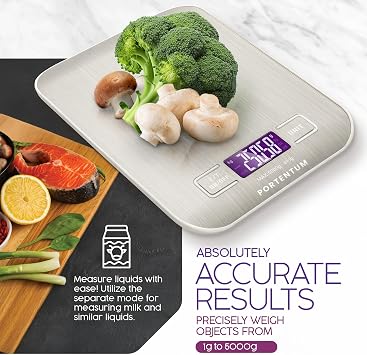PORTENTUM Digital Kitchen Scales 5kg/11lb with Large LCD Display, Food Scales with Large Stainless Steel Weighing Surface, Liquid Measurement, High Precision up to 1 g, Tare Function, Silver