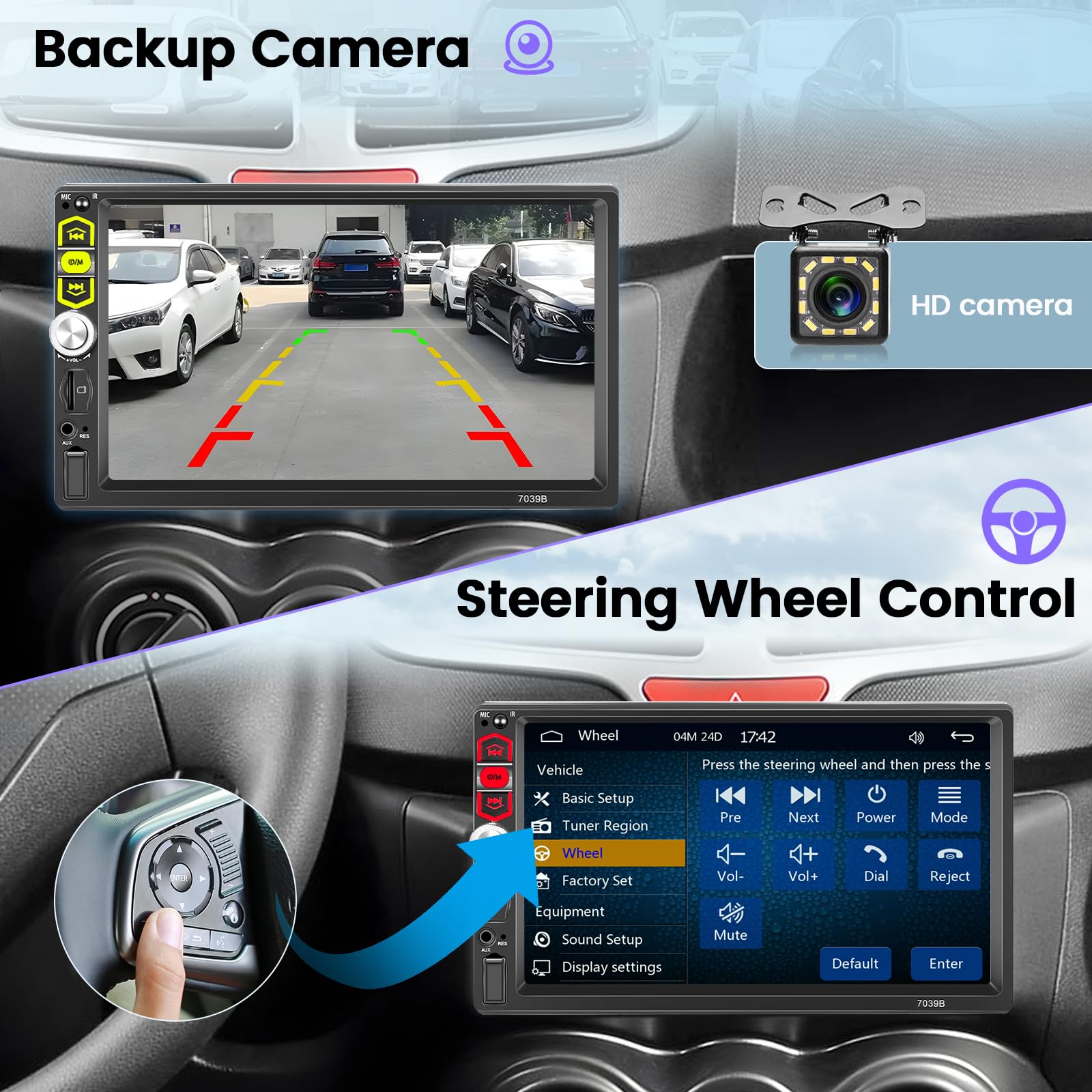 Hikity 1 Din Autoradio Wired Carplay Android Auto Bluetooth, Écran Tactile 7 Pouces Poste Radio Voiture Bluetooth Mains Libres Stéréo Lien Miroir FM EQ USB/AUX/TF SWC + Mic Externe + Caméra de Recul