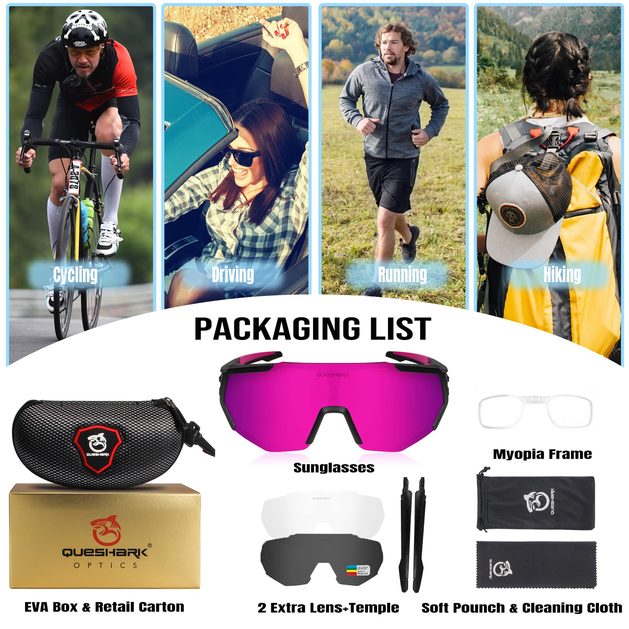 Queshark Polarizzati Anti-UV con 3 o 5 Lenti Occhiali da Ciclismo Bici MTB Intercambiabili per Sport Uomo Donna Guida Pesca Golf Baseball Corsa