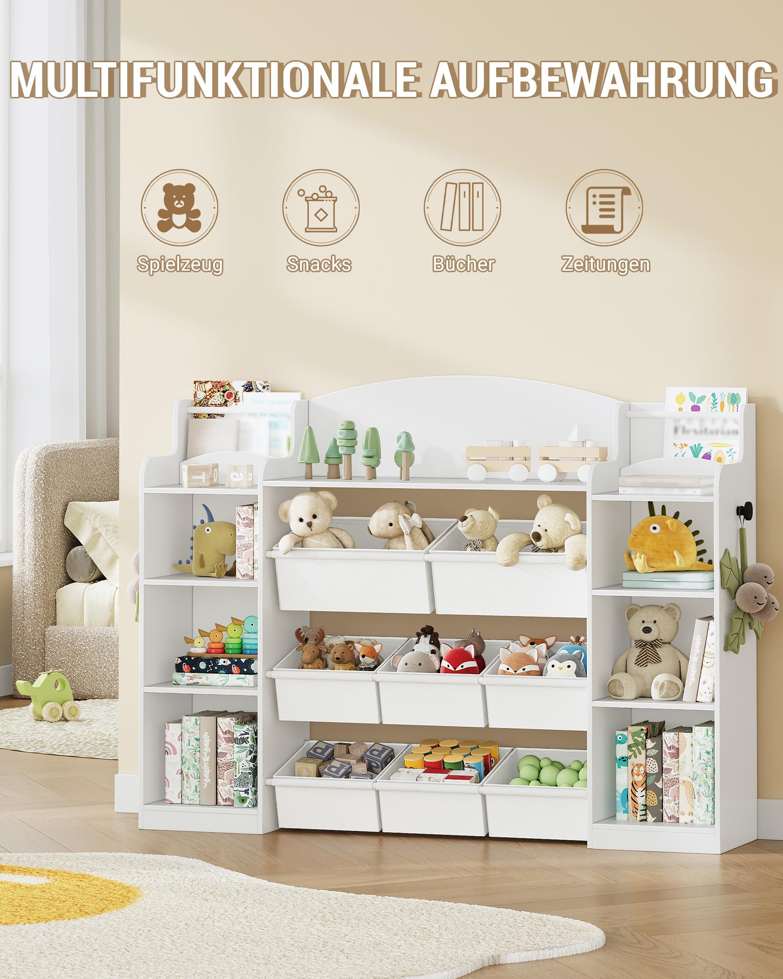 Hzuaneri Kinderregal, Bücherregal Kinder aus Holz, Spielzeugregal mit 8 Stoffschubladen für Kinderzimmer, Wohnzimmer, Arbeitszimmer Weiß 30 x 140 x 104 cm KB43003W