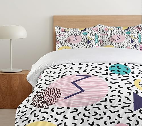 Miniatura 5 de Ambesonne Juego de funda de edredón de los años 90, patrón geométrico en estilo retro, redondo, media luna, triángulo, formas artísticas, decorativo